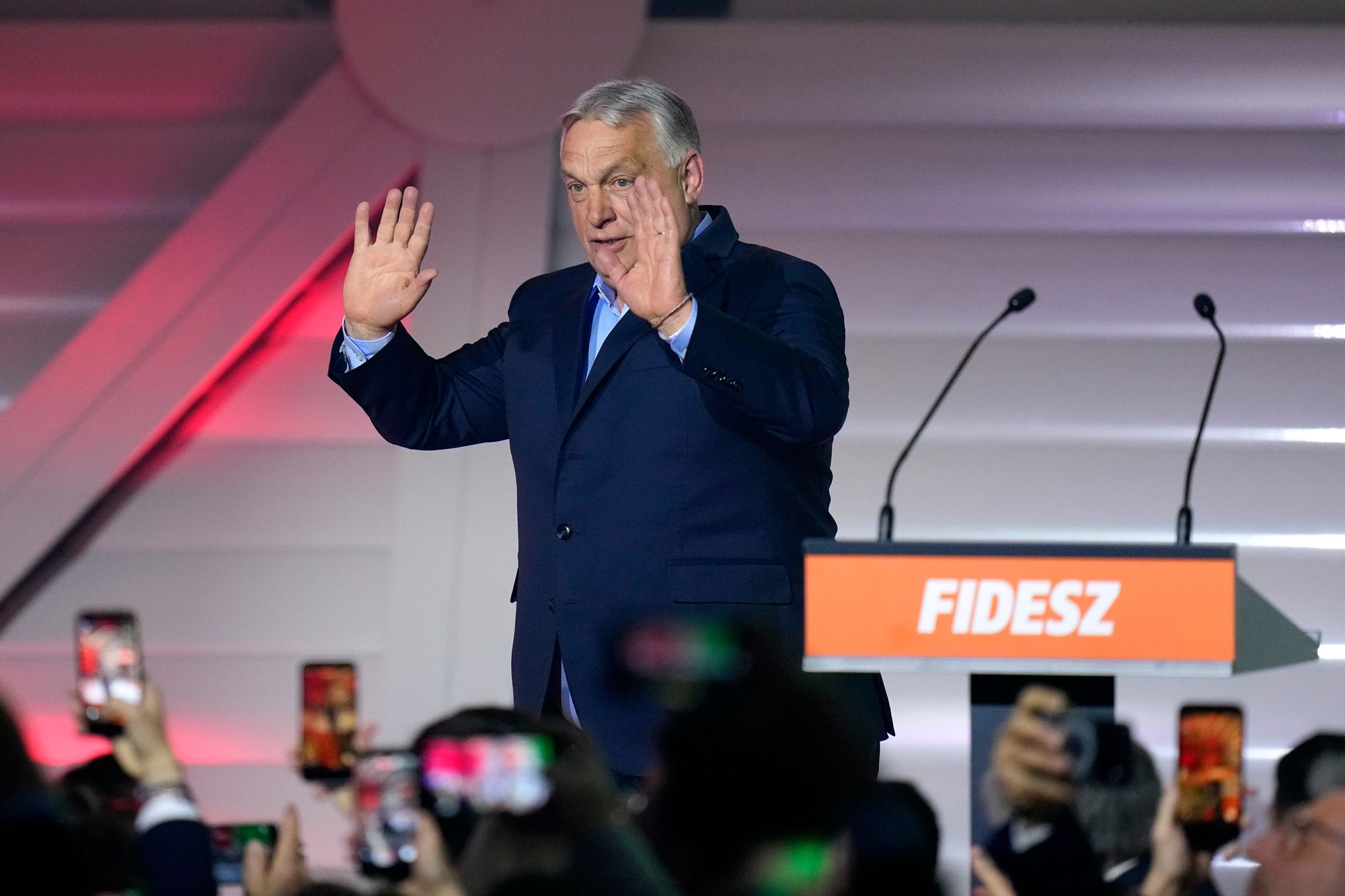 Hungary's Prime Minister Viktor Orban reacts after receiving the results of a parliamentary election in Budapest