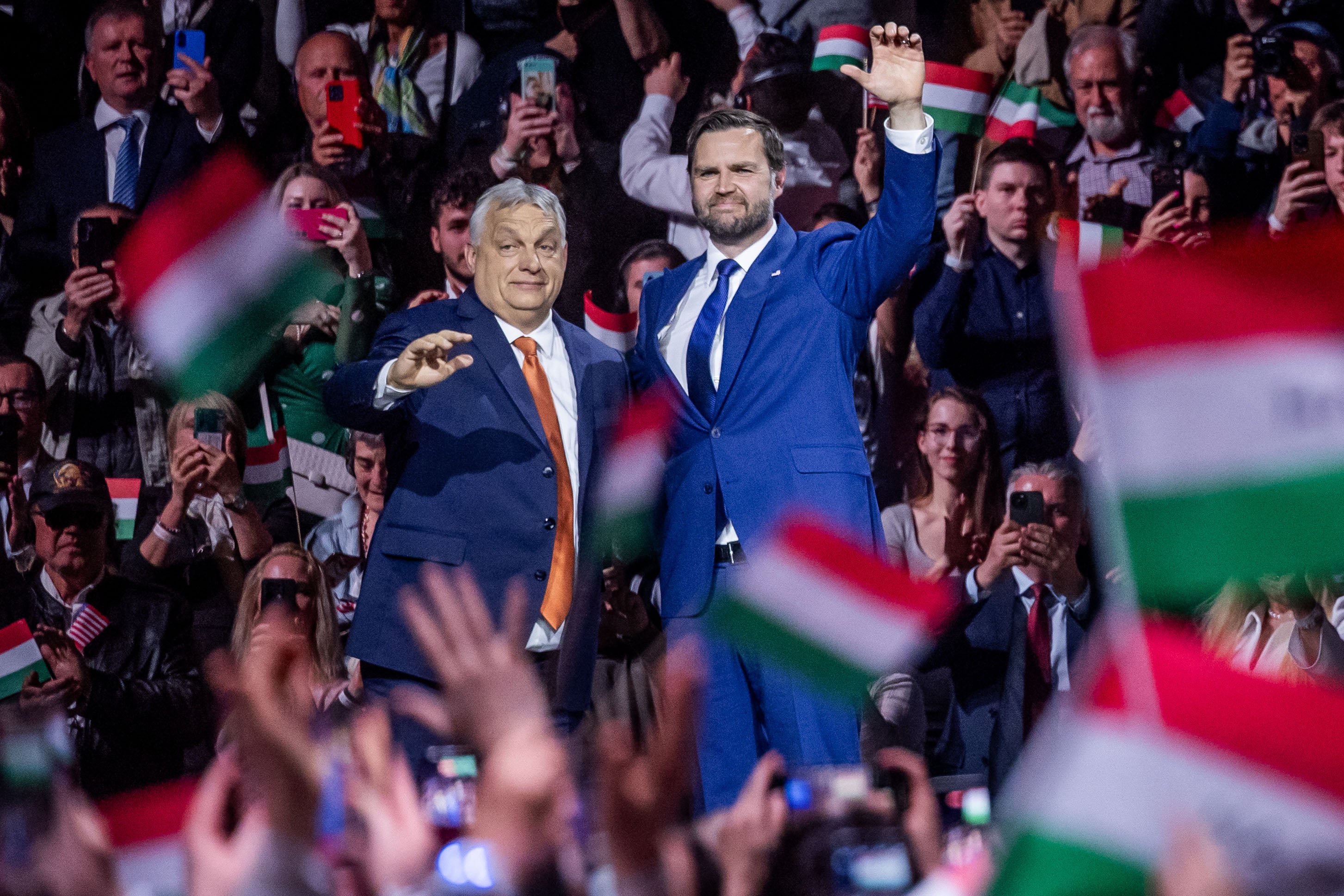 The US vice-president JD Vance and the now-outgoing Hungarian prime minister Viktor Orban at an election rally in Budapest last Tuesday