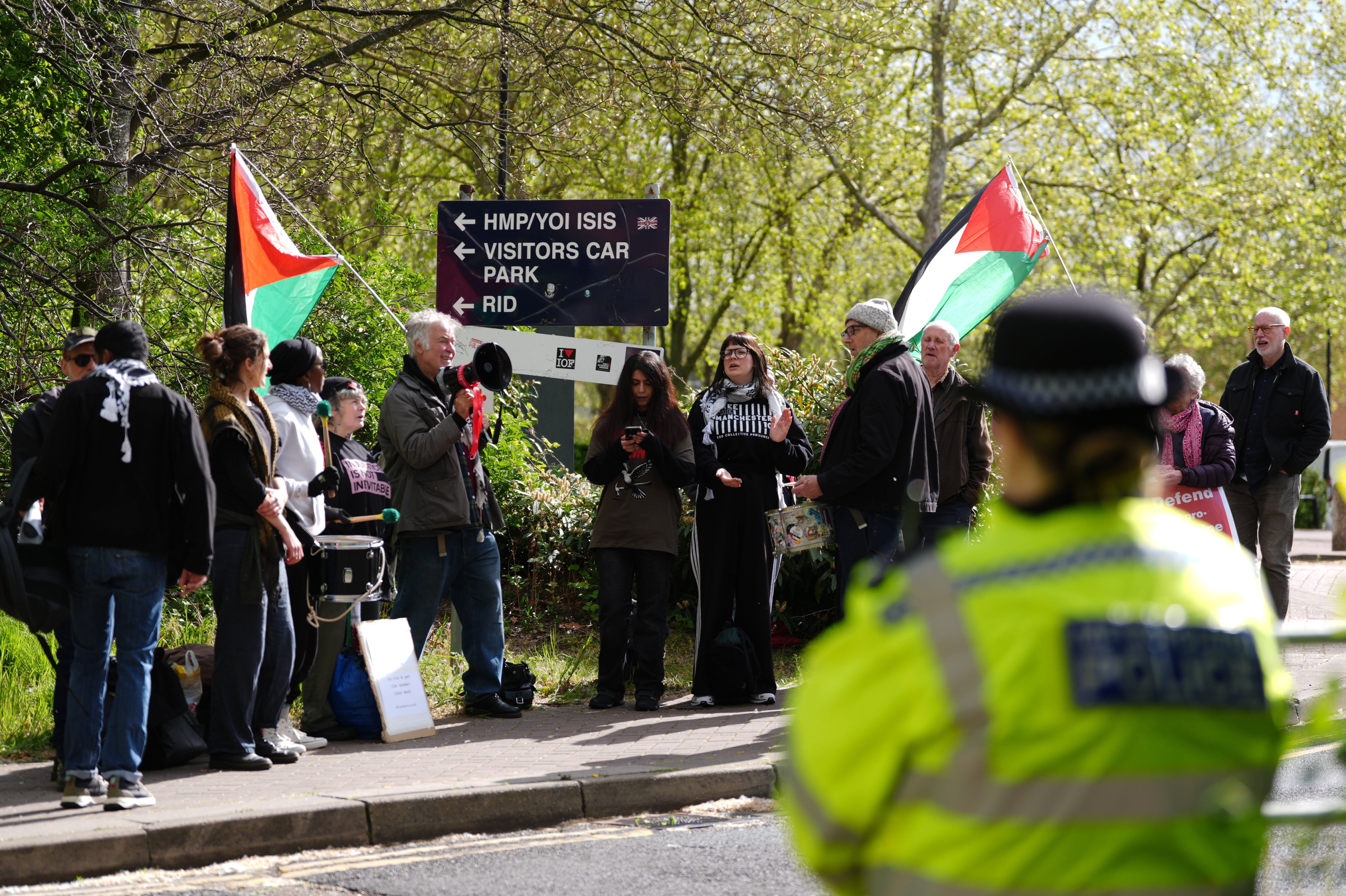 Supporters outside Woolwich Crown Court, where Palestine Action activists faced a retrial over a raid on the Elbit Systems factory