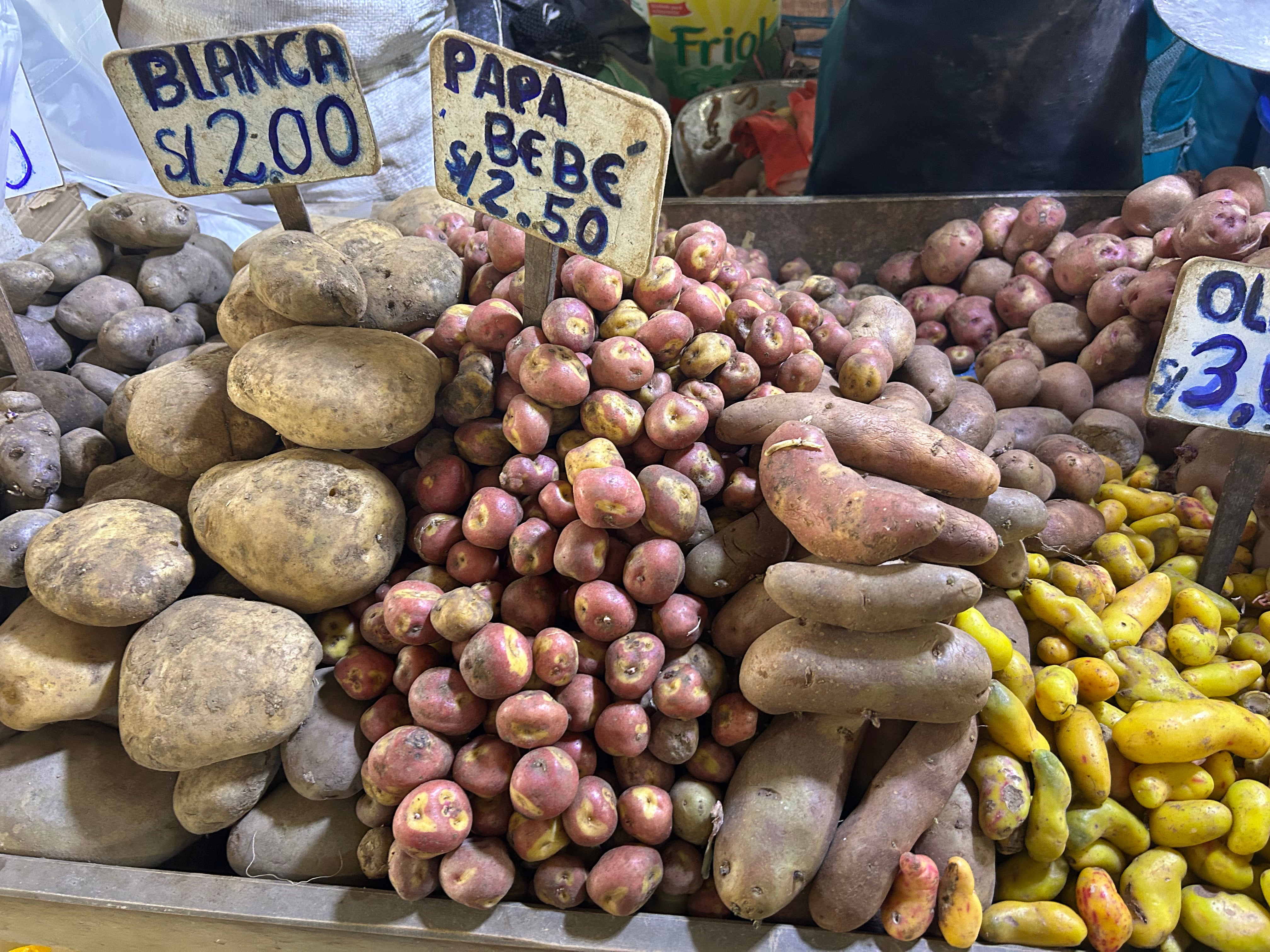 Native potato varieties at Mercado Central de san Pedro market in Cusco