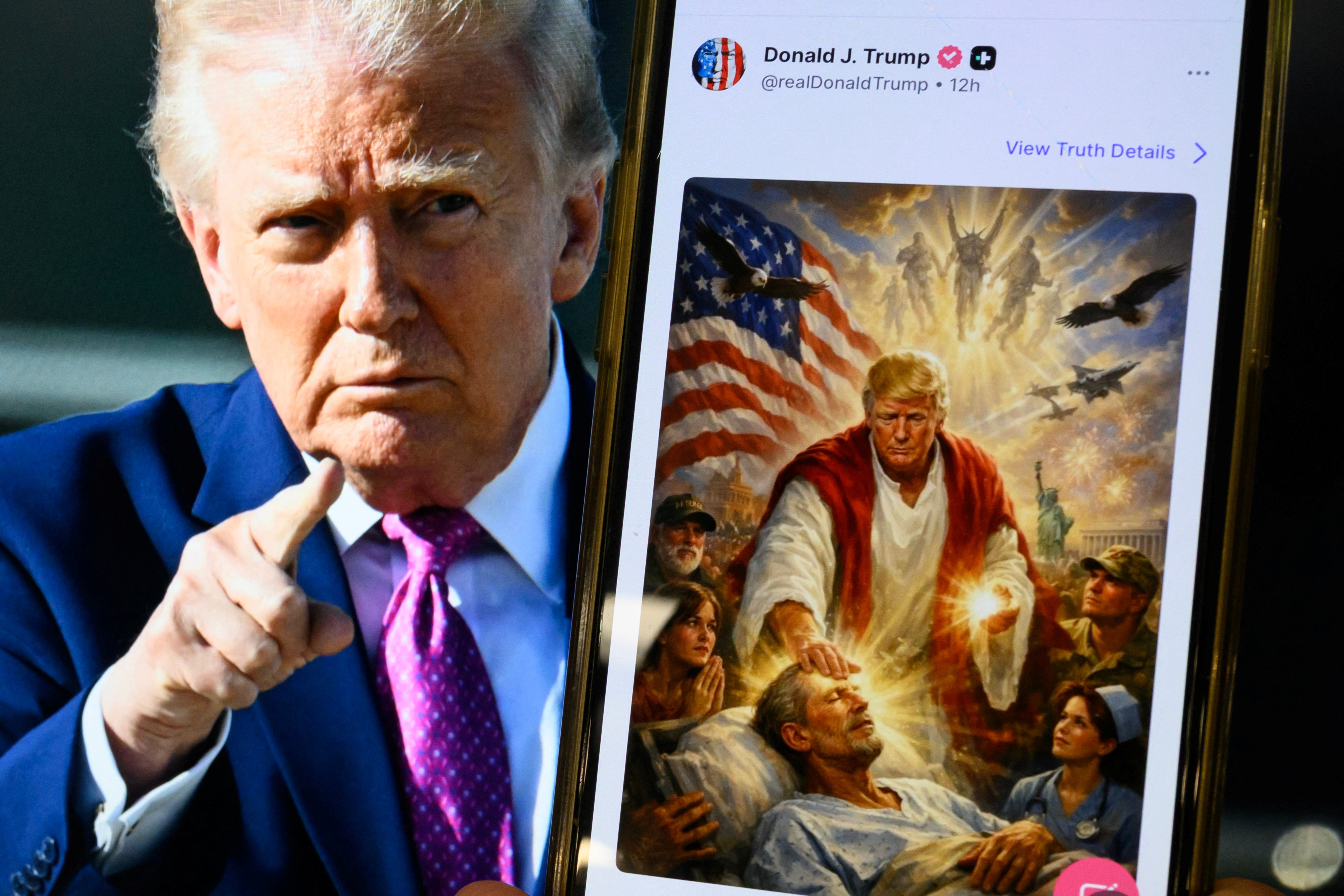 This image appearing to show Trump as Jesus Christ, posted and then deleted on Trump’s Truth Social feed, was condemned as ‘blasphemous’ by many American Christians