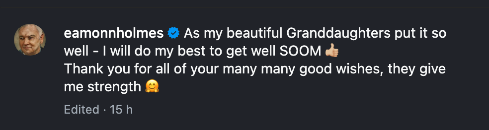 Eamonn Holmes shares message from hospital bed