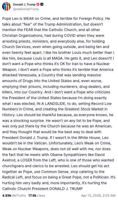 The president said Pope Leo was