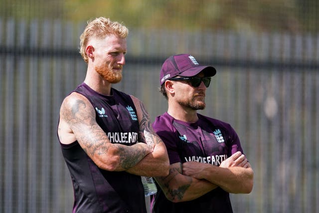 <p>Ben Stokes and Brendon McCullum watch England nets in Australia during the Ashes</p>