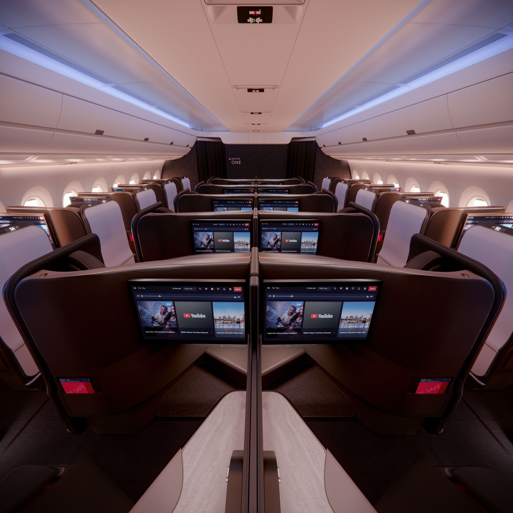 This image shows the new Delta One A350-1000 business class seat as part of the company’s $1 billion cabin upgrade program