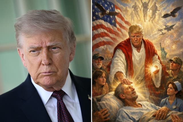 Donald Trump and an AI picture of Trump as Jesus Donald Trump and an AI picture of Trump as Jesus