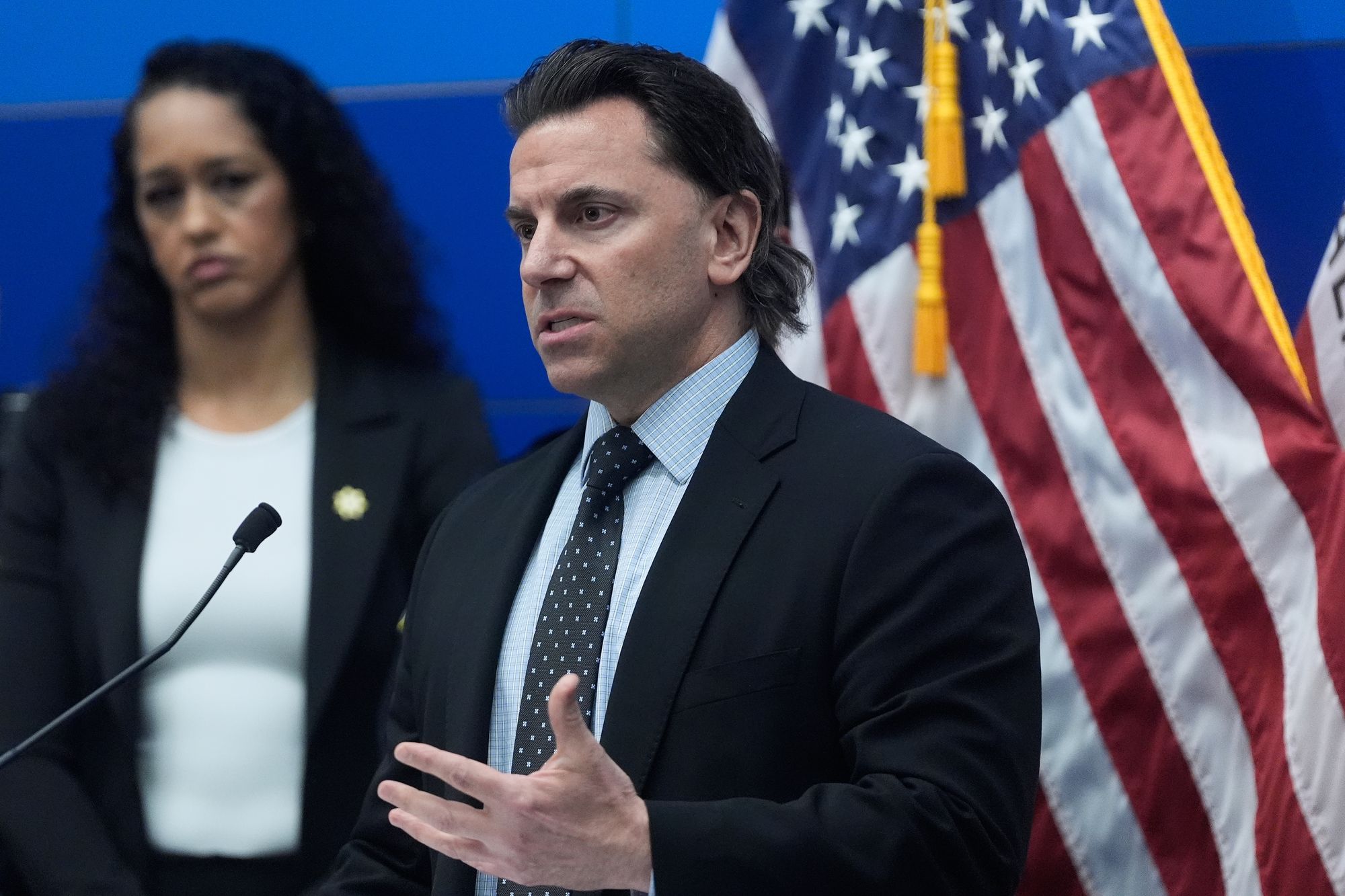 Matt Cobo, F.B.I. San Francisco Acting Special Agent in Charge, right, speaks next to San Francisco District Attorney Brooke Jenkins during a news conference