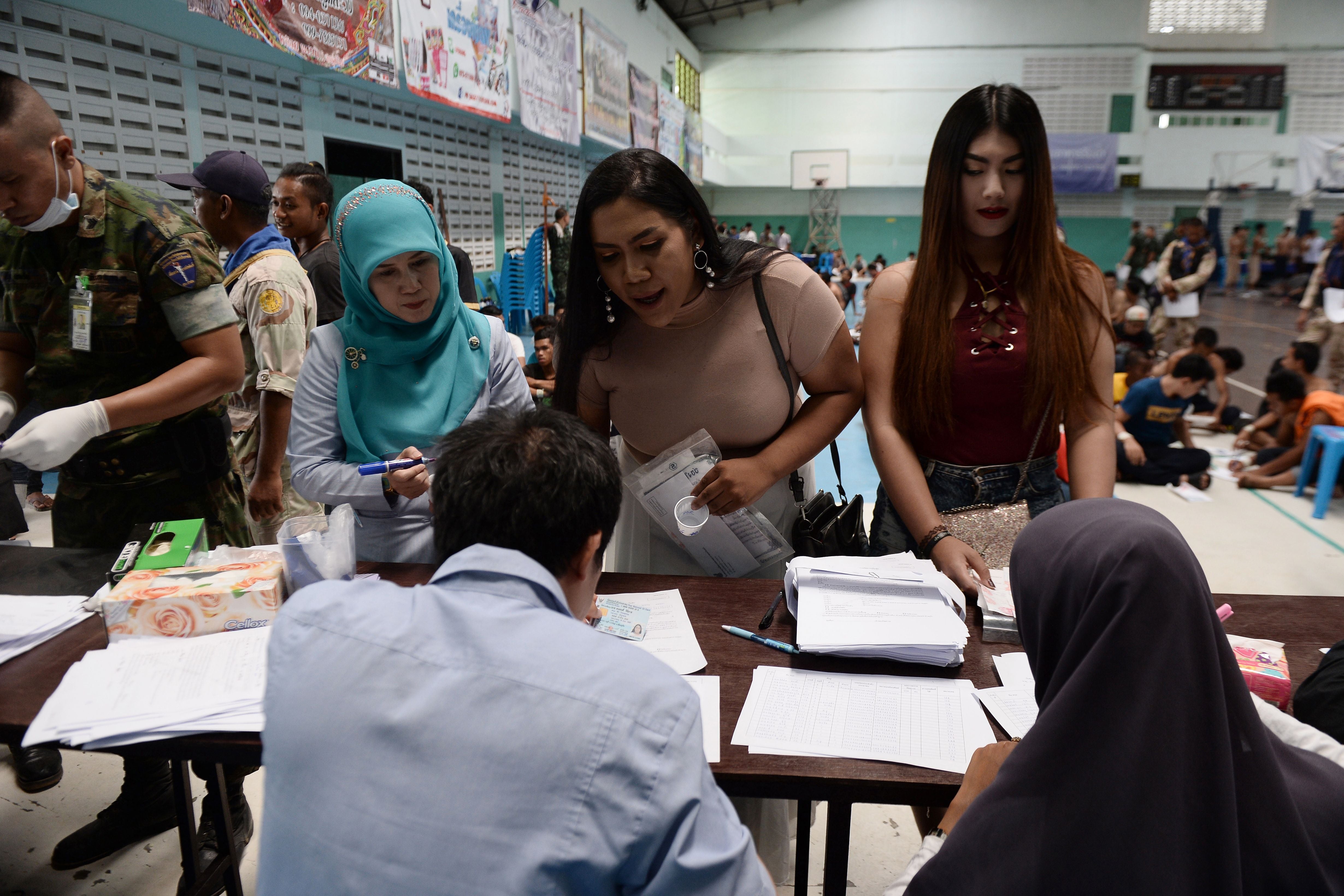 File. Transwomen register during the Thai army's annual conscription lottery in the restive southern province of Narathiwat on 7 April 2018