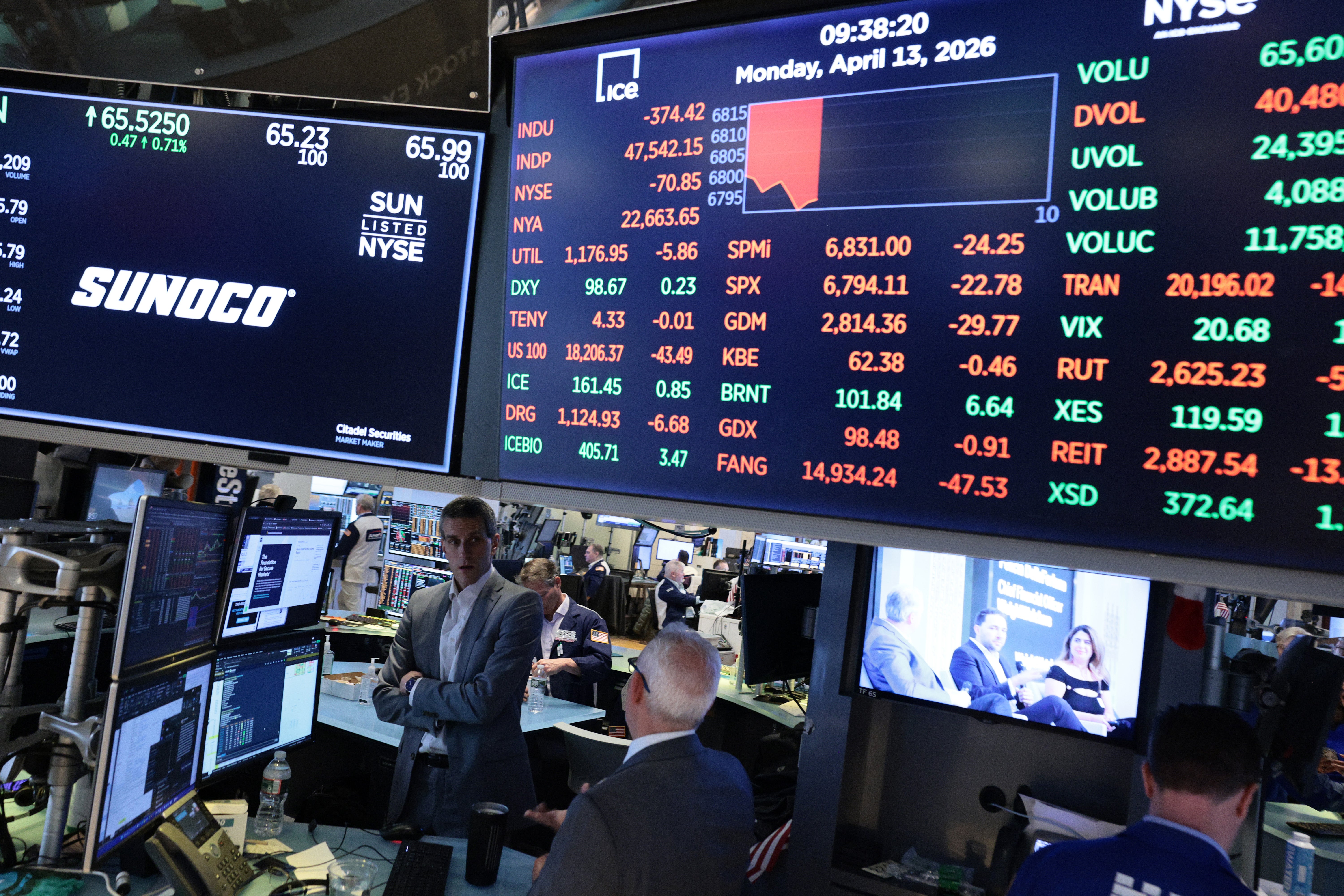 Stock market numbers are displayed on the floor of the New York Stock