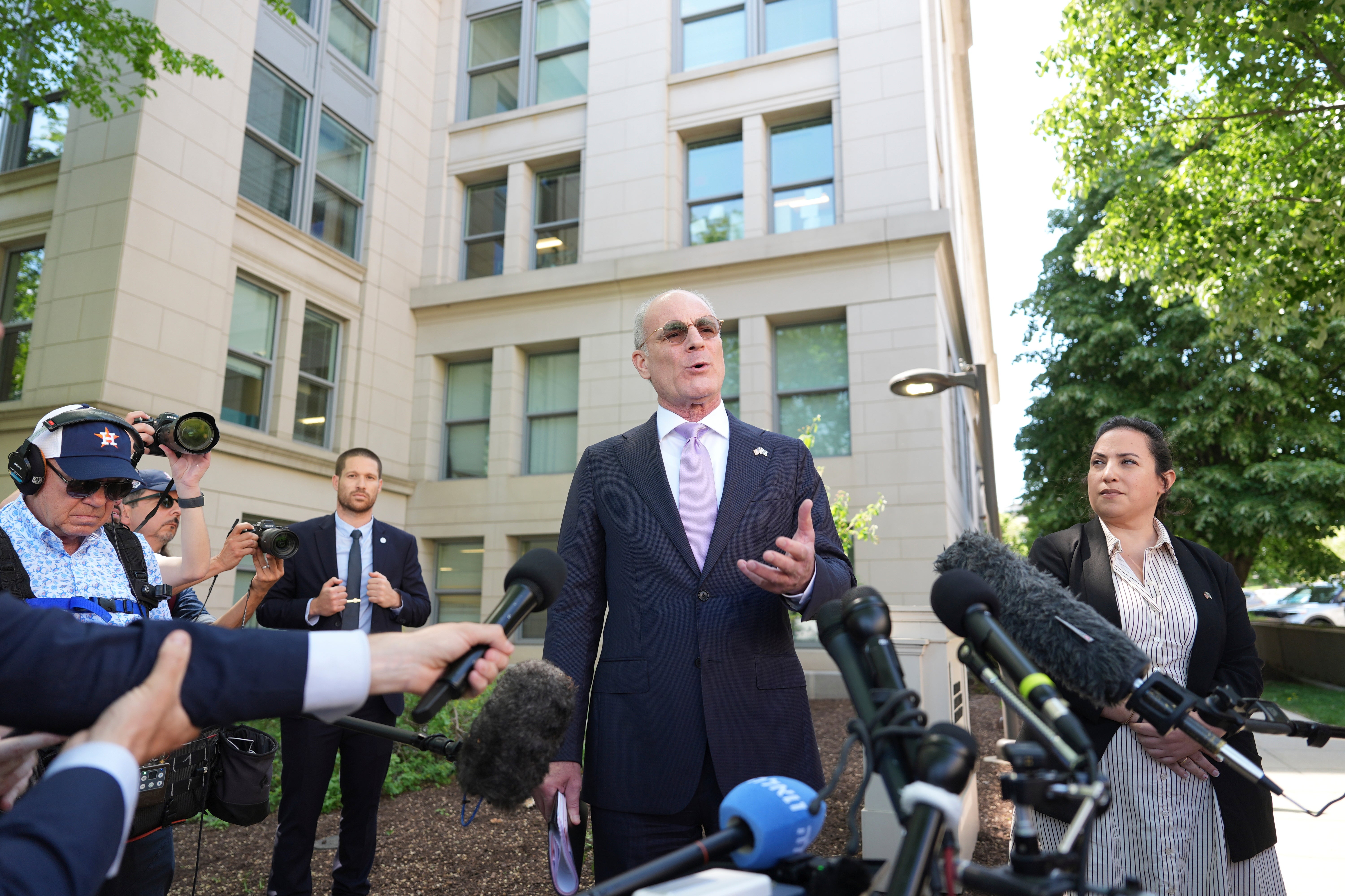 Israeli Ambassador to the US Yechiel Leiter speaks with reporters outside of the State Department in Washington