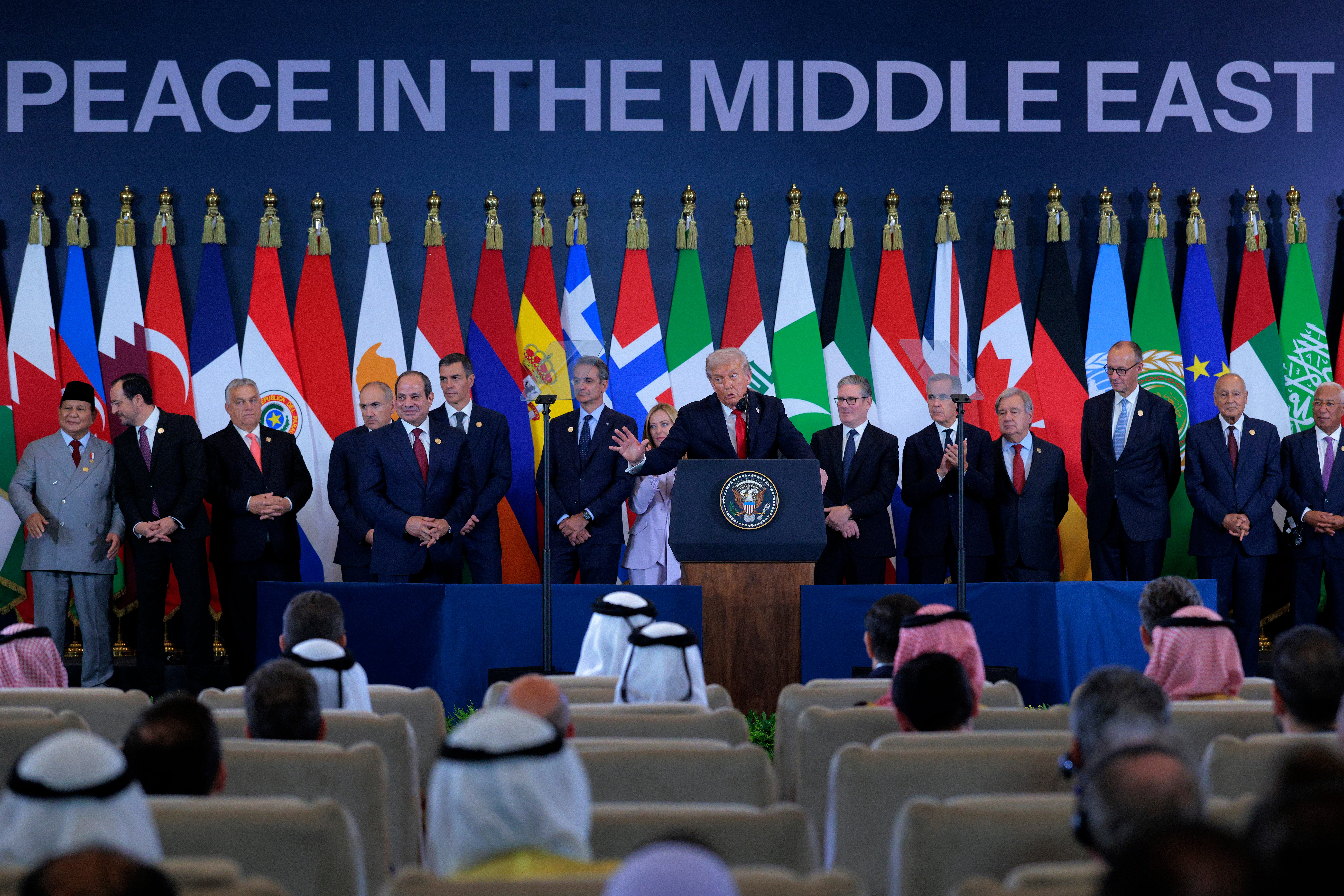 Donald Trump joins Fattah El-Sisi and other regional and European leaders for a Middle East peace summit at the Sharm El Sheikh International Congress Center on 13 October 2025