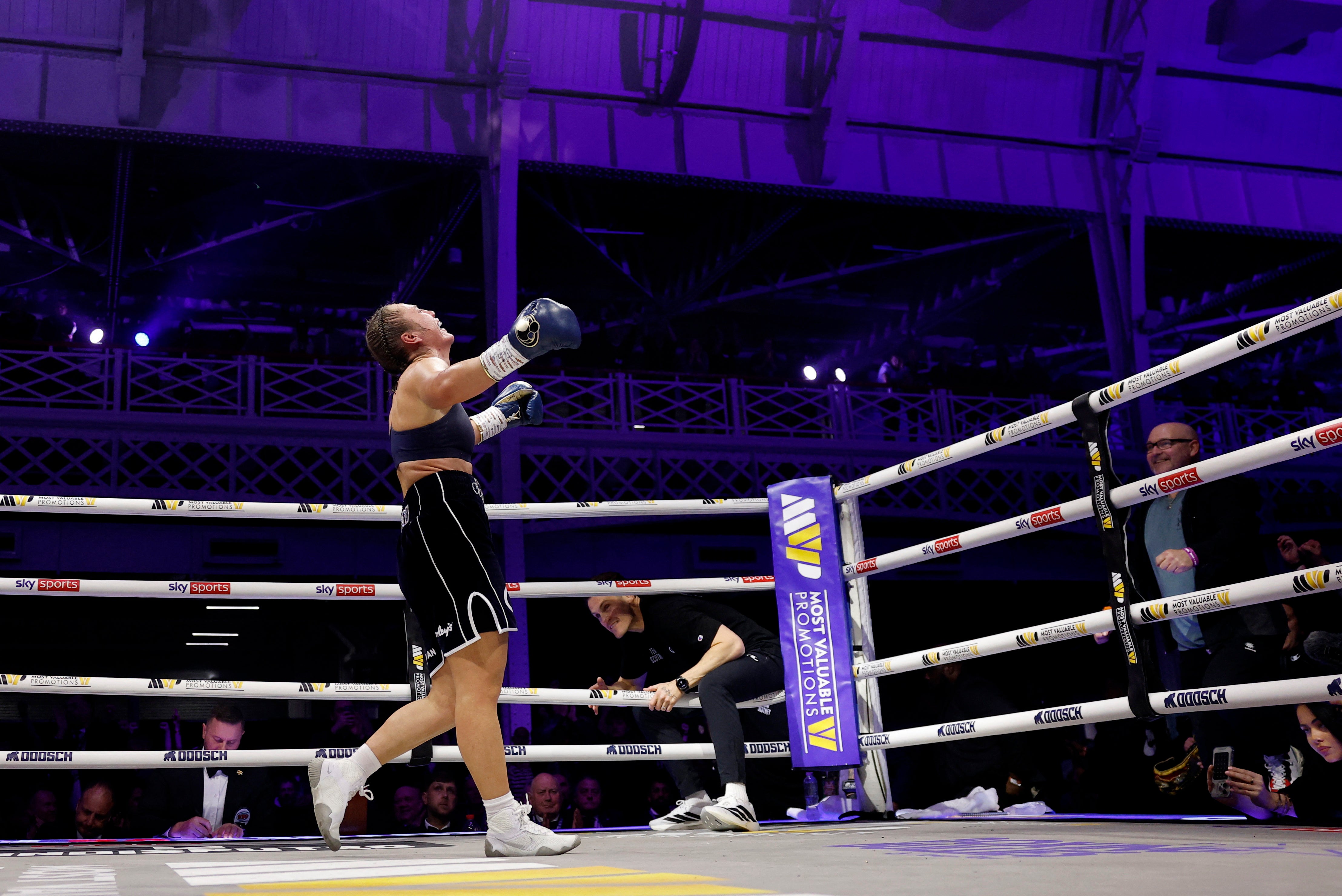 Scotney after the final bell of her 10-round shootout with Flores