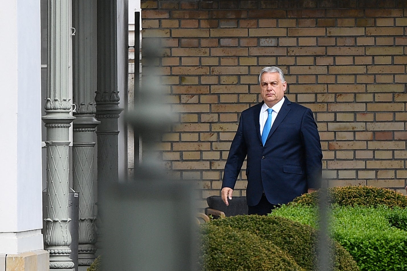 Outgoing Hungarian prime minister Viktor Orban arrives at the Presidential Sandor Palace in Budapest on 15 April