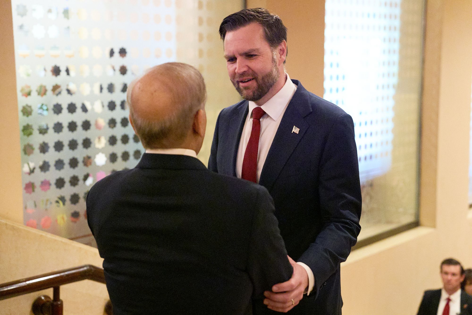 Vice President JD Vance shakes hands with Pakistan's Prime Minister Shehbaz Sharif during their meeting on April 11, 2026 at Islamabad, Pakistan