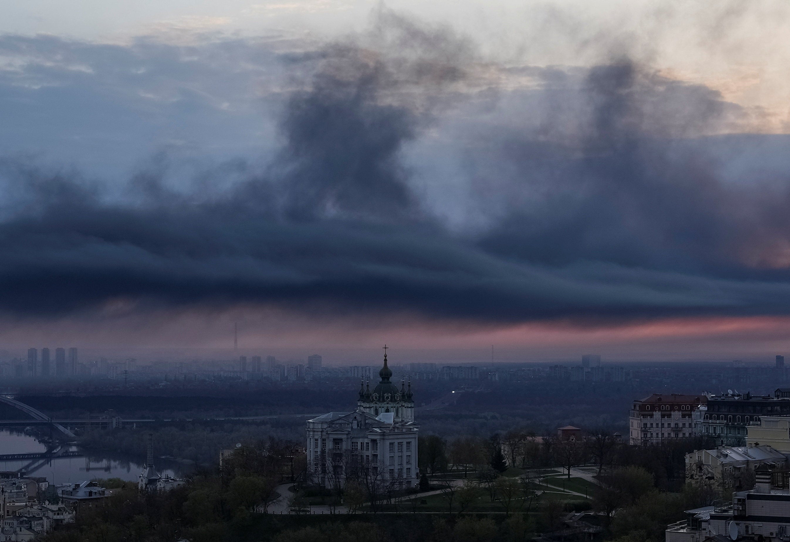 Smoke rises in the city after Russian missile strike in Kyiv
