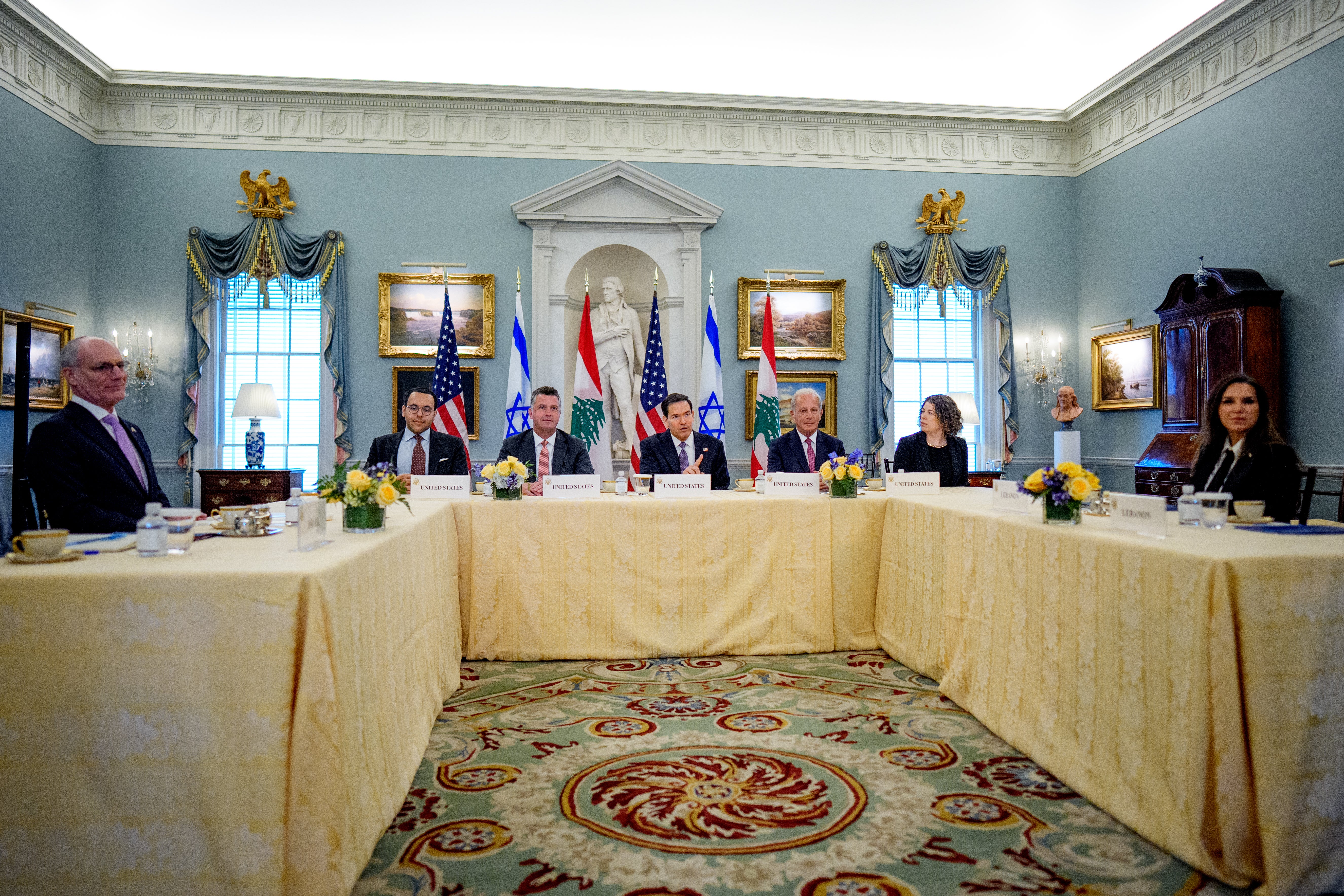  U.S. Secretary of State Marco Rubio (C), accompanied by U.S. State Department Counselor Michael Needham (C-L), U.S. Ambassador to Lebanon Michel Issa (C-R), Lebanese Ambassador to the U.S. Nada Hamadeh Moawad (R) and Israeli Ambassador to the U.S. Yechiel Leiter