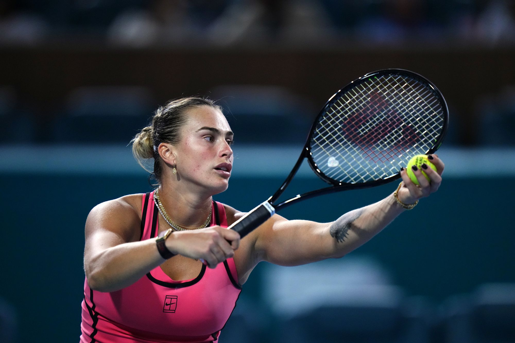 Aryna Sabalenka wears a Whoop tracker on her right arm during matches, and will now be allowed to do so at the grand slam events