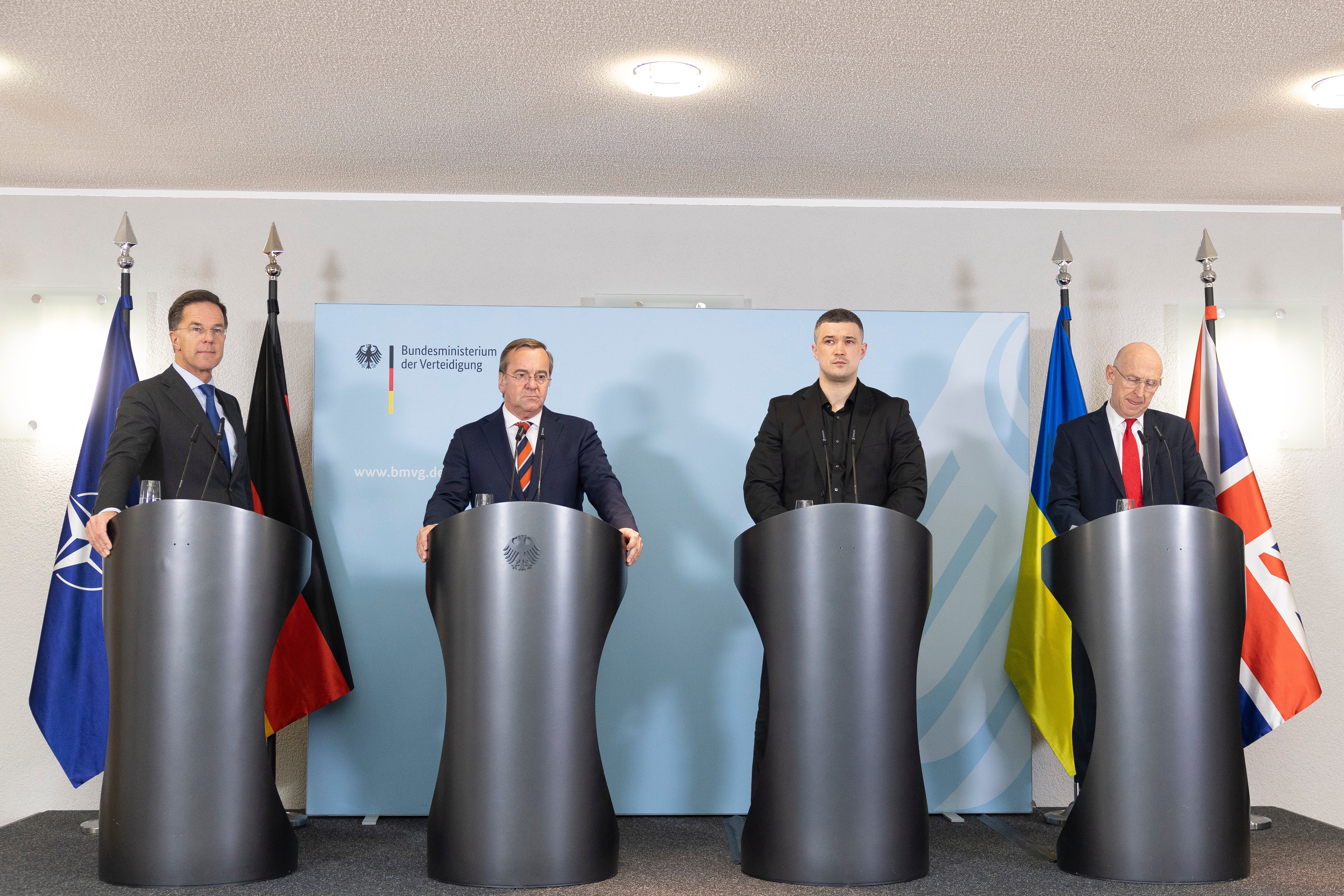 German Defence Minister Boris Pistorius (2L) NATO Secretary General Mark Rutte (L), British Defence Minister John Healey (R) and Ukrainian Defence Minister Mykhailo Fedorov (2R) attend a press conference after today's virtual meeting of the Ukraine Contact Group