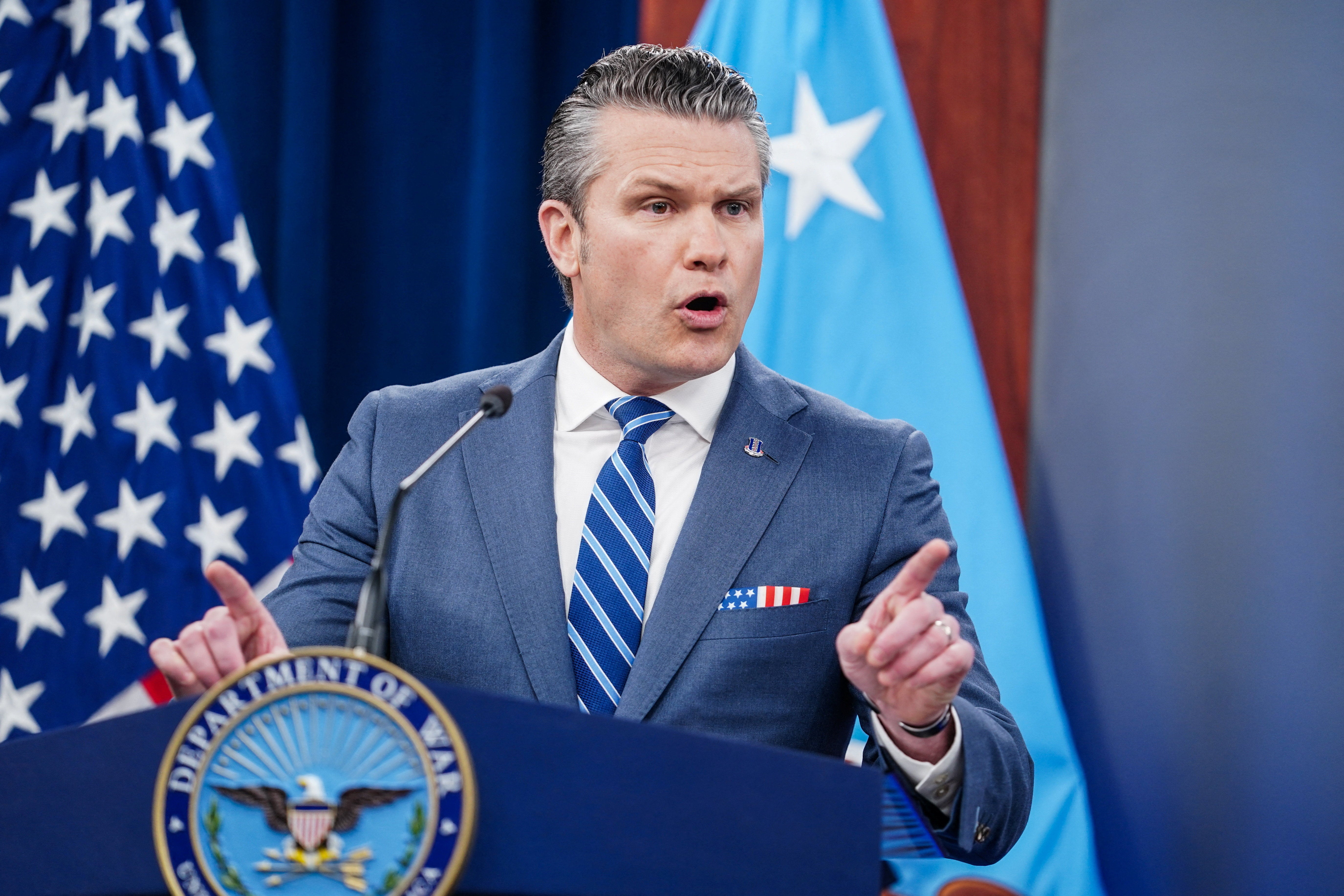 U.S. Secretary of Defense Pete Hegseth speaks during a briefing on the Iran war, at the Pentagon in Washington, D.C., U.S., April 16, 2026. REUTERS/Nathan Howard
