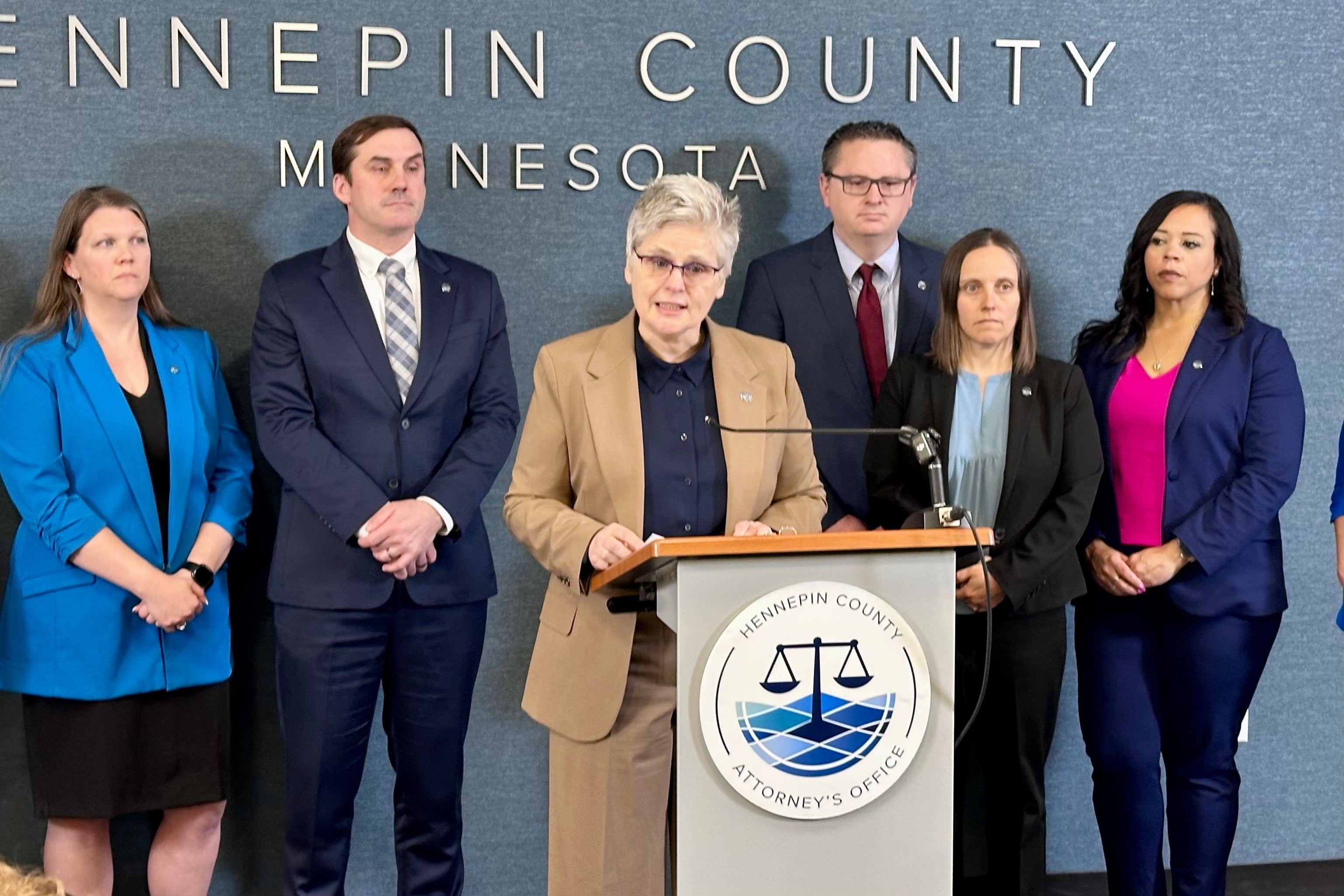 Hennepin County Attorney Mary Moriarty announces second-degree assault charges against an ICE agent who is accused of threatening motorists with a gun while driving on a highway in February