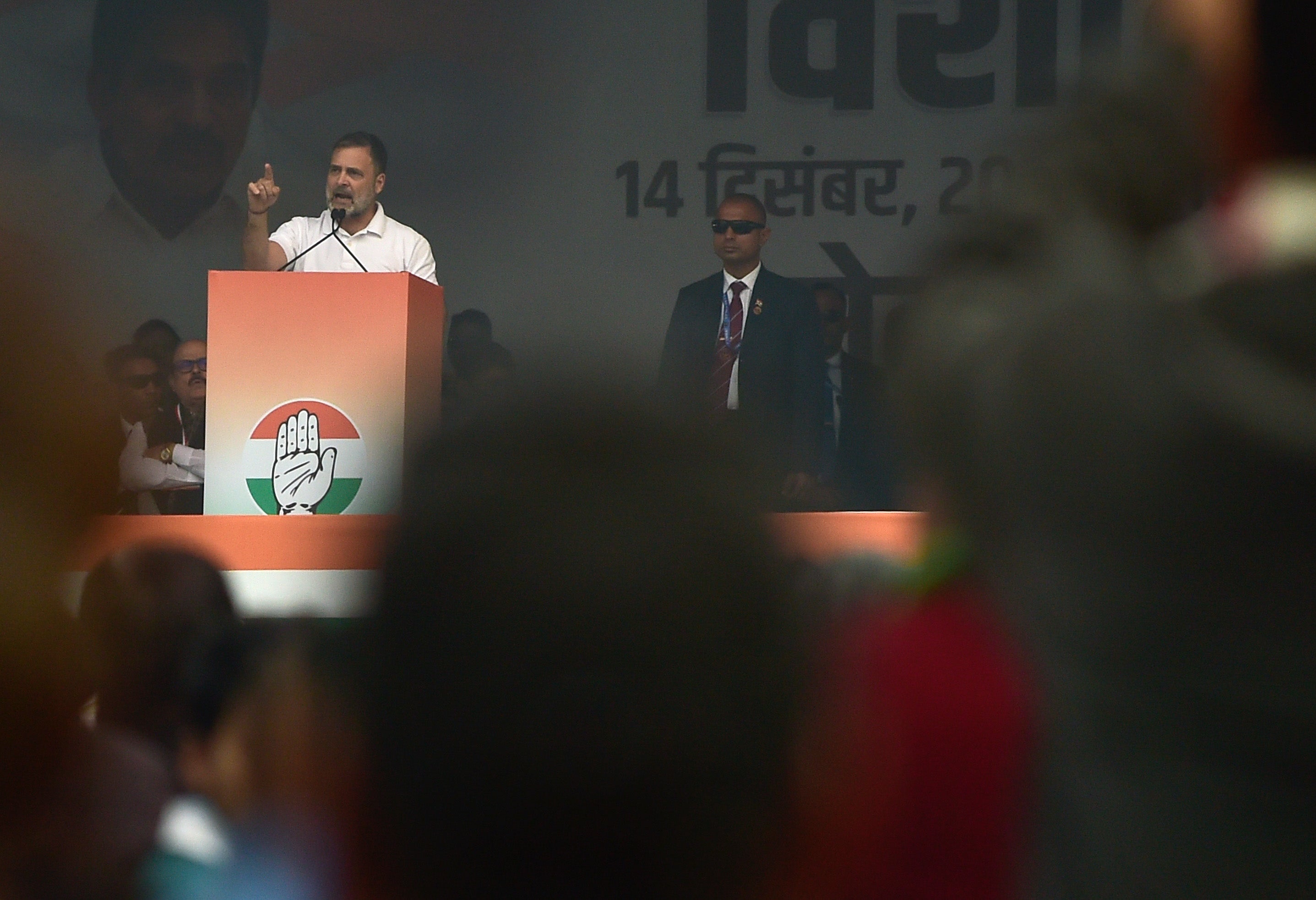 Congress party leader Rahul Gandhi speaks at a rally in Delhi on 14 December 2025