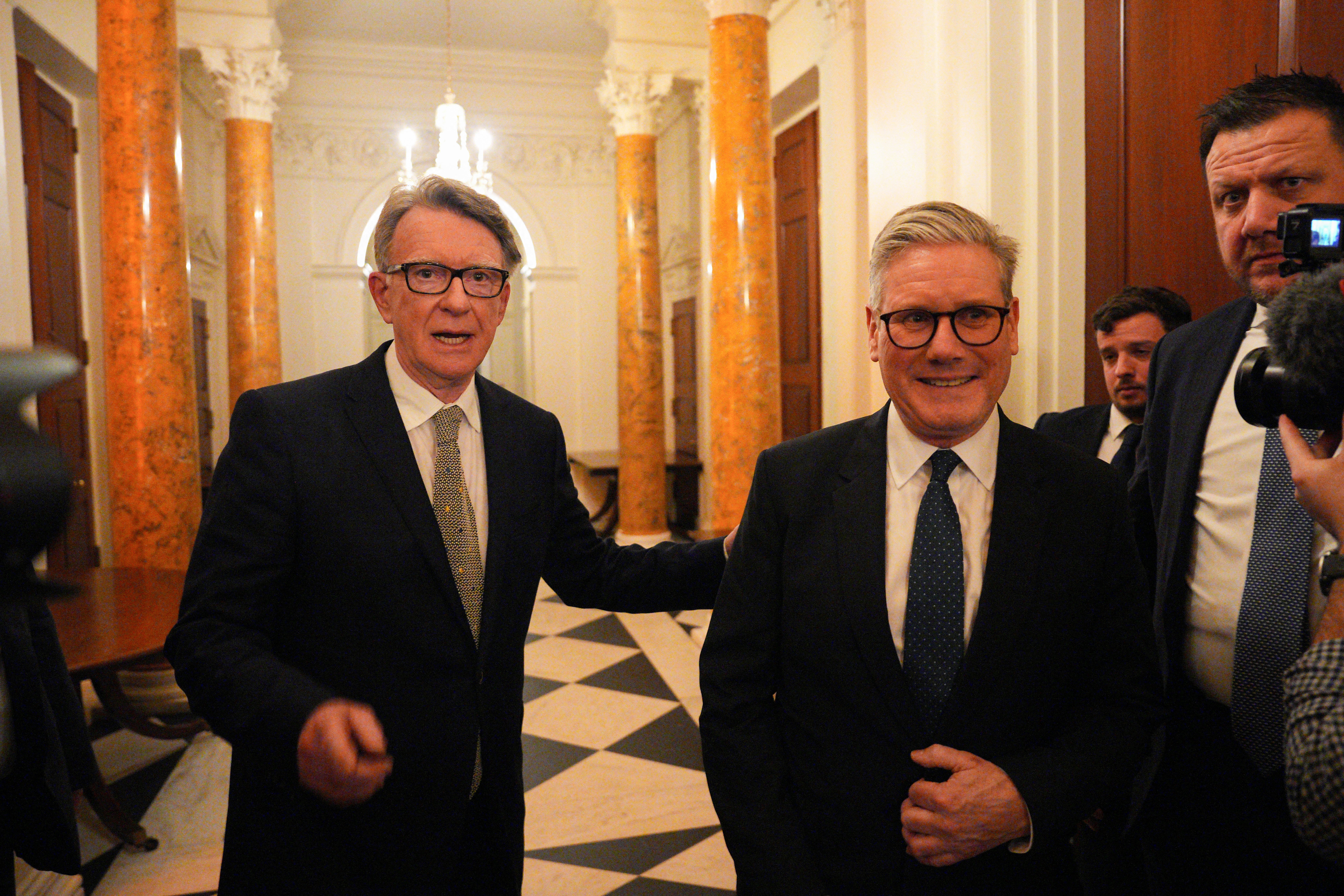 Keir Starmer and the then ambassador to the United States Peter Mandelson during a welcome reception at the ambassador's residence on February 26, 2025
