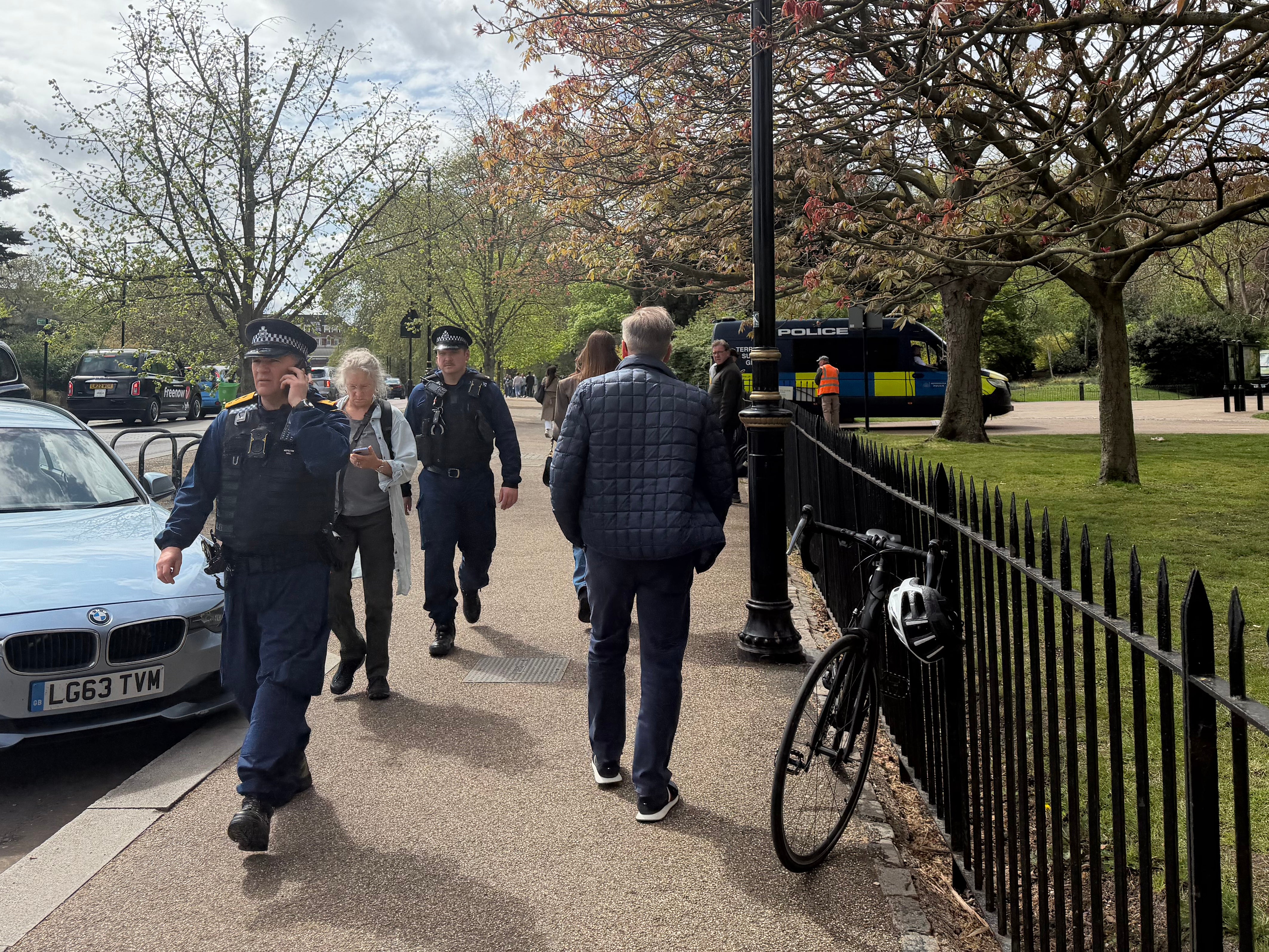 Police officers in Kensington Gardens, central London, investigating whether items found near the Israeli embassy are linked to a video which was posted online claiming it was going to be attacked
