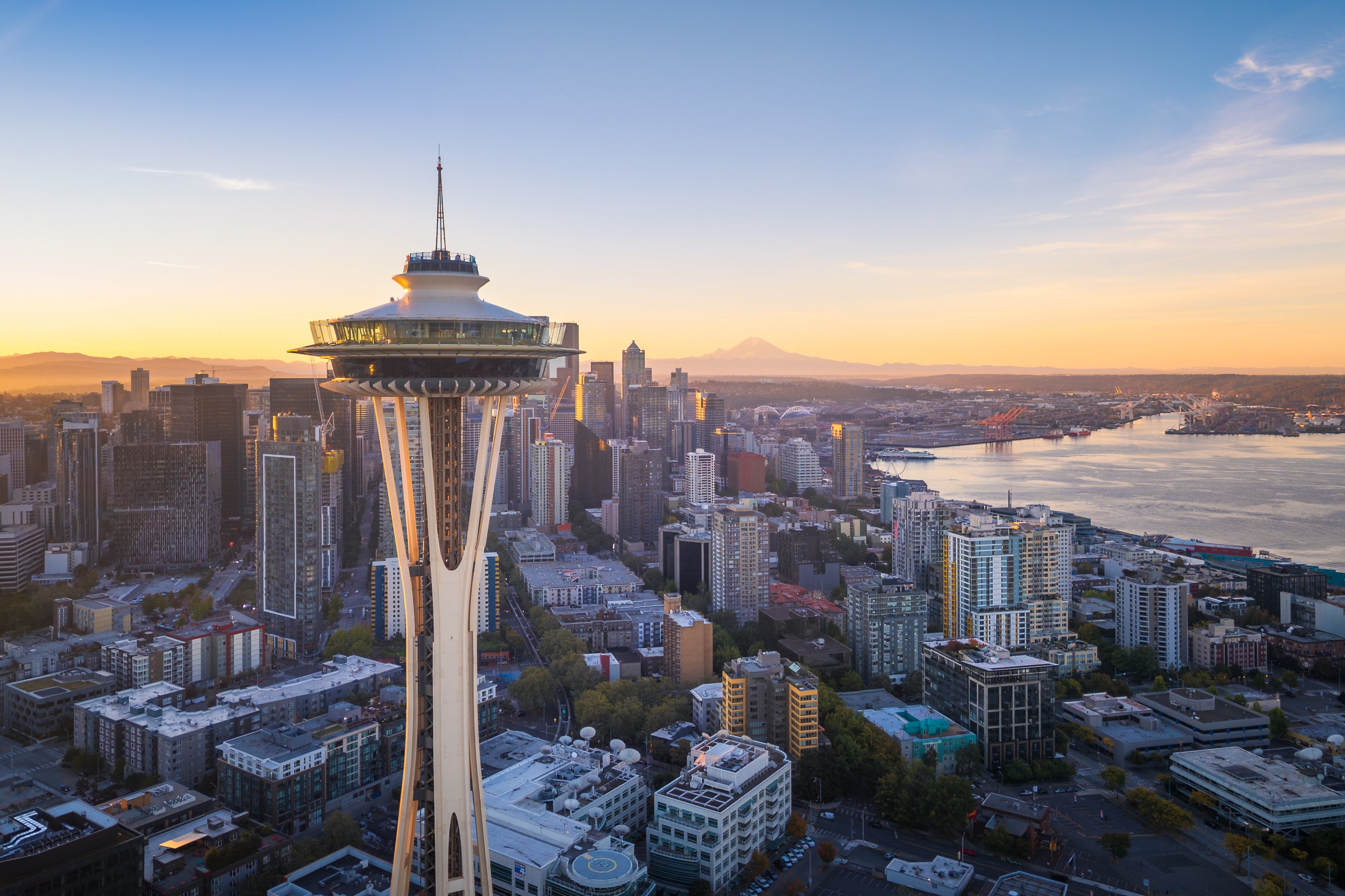 Seattle has one of America's most distinctive skylines thanks to the Space Needle. In the background is Mount Rainier, an active volcano (Getty Images)