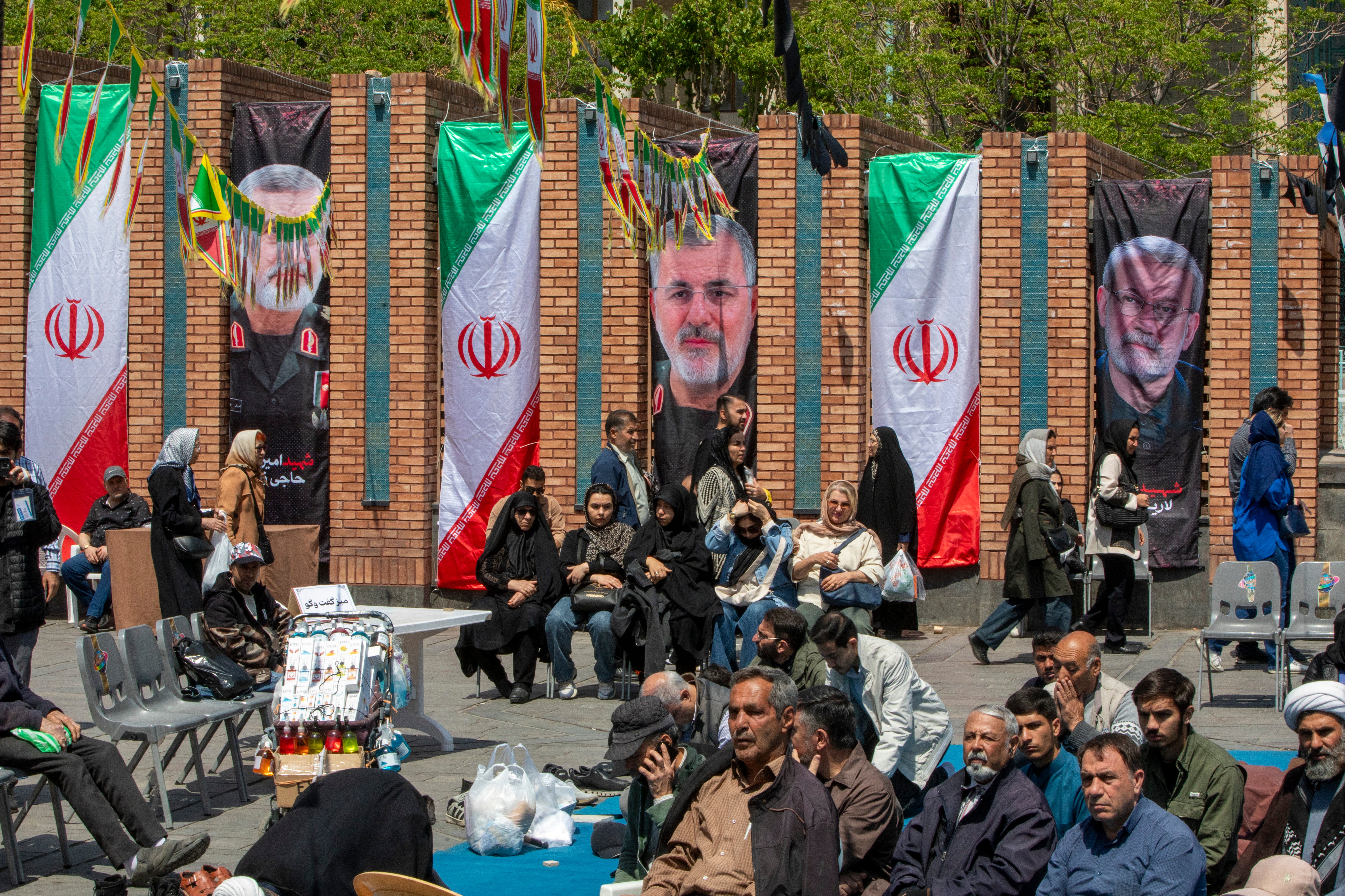 Slain Iranian military leaders are pictured on banners near Tehran Grand Bazaar on April 16, 2026 in Tehran, Iran.