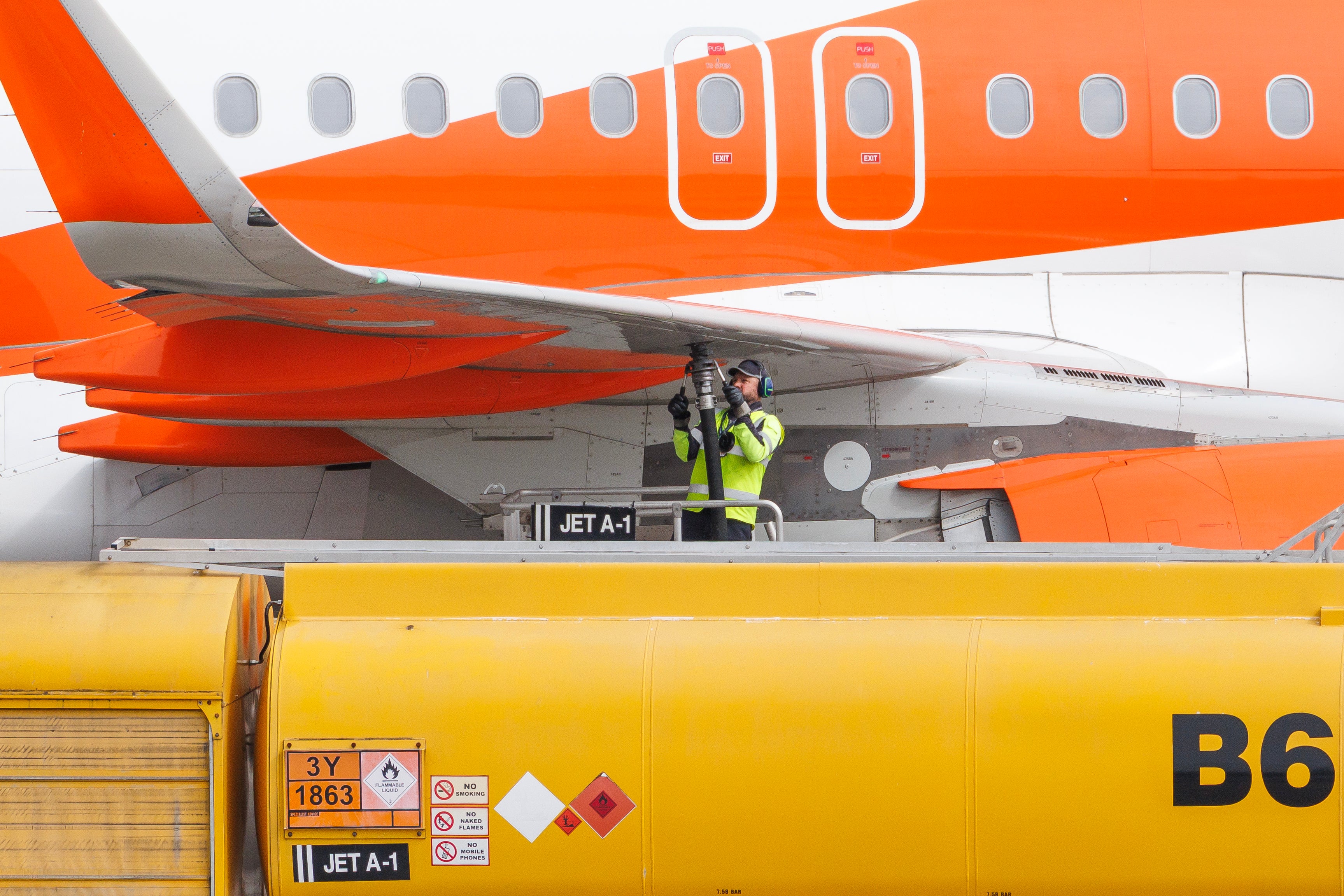 An EasyJet plane is refuelled ahead of takeoff at Southend Airport on April 17, 2026 in Southend, England