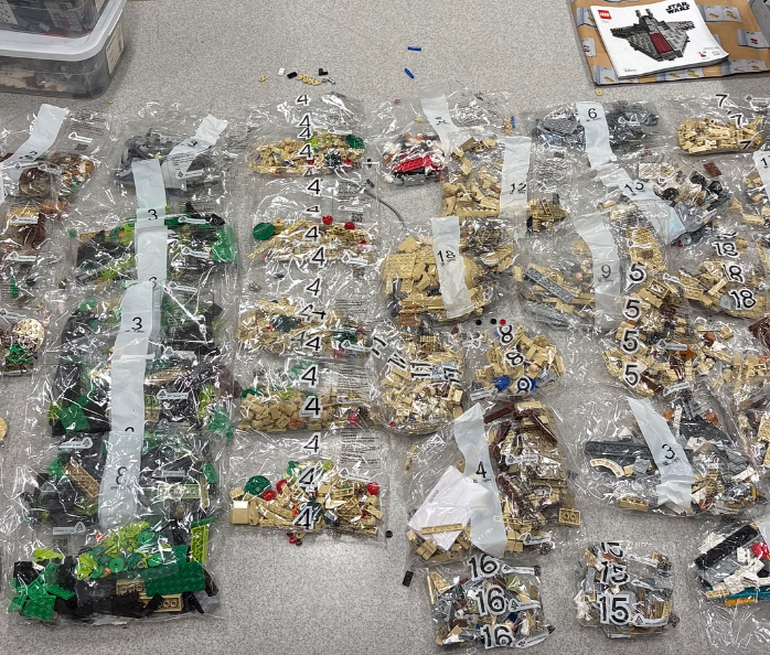 Bags filled with Lego pieces found by police at the home of Jarrelle Augustine Police believe Augustine stole $34,000 worth of Lego products from stores across the U.S.