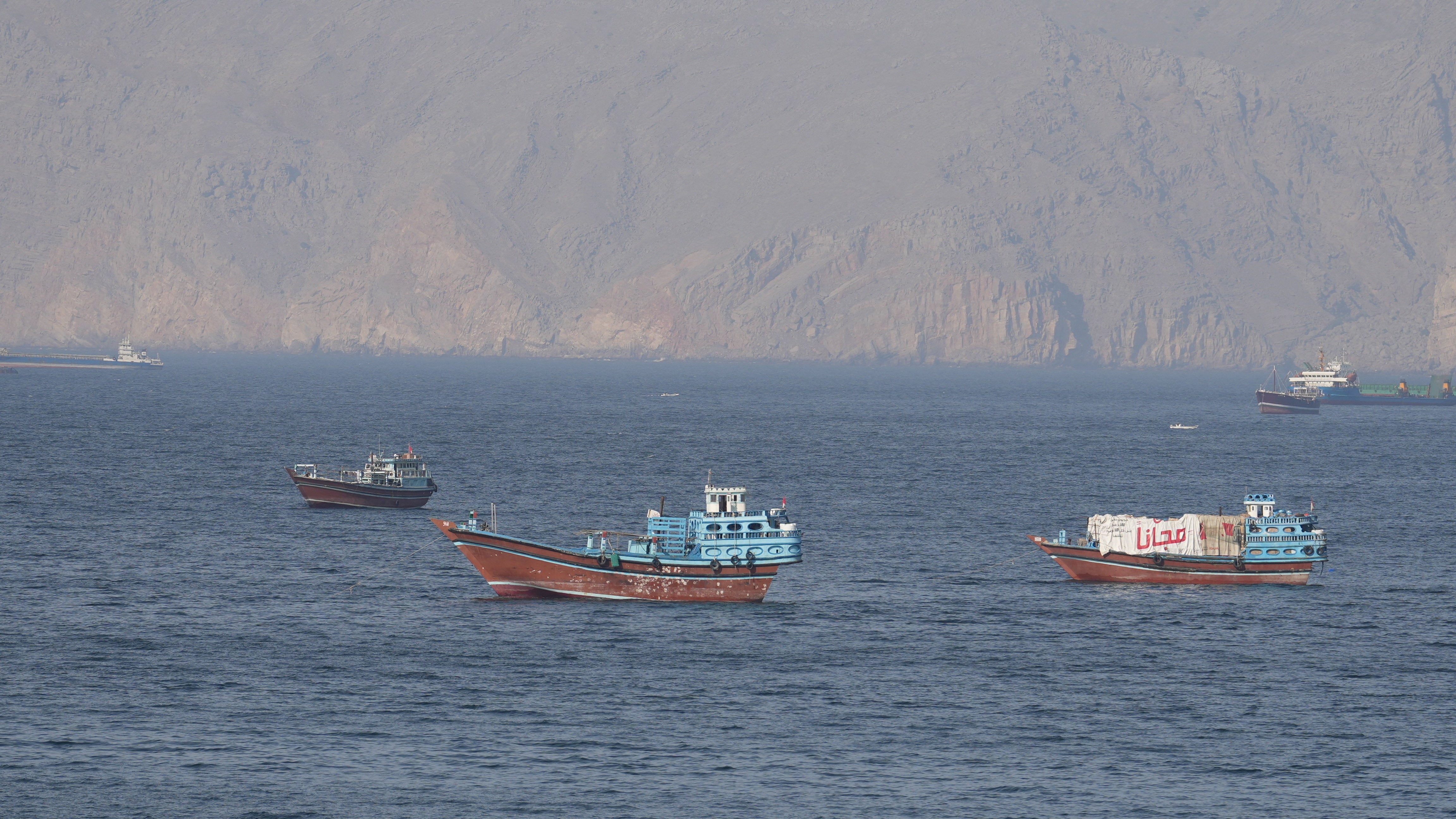Ships and tankers in the Strait of Hormuz off the coast of Musandam, Oman, April 18, 2026. The U.S. is currently maintaining a naval blockade of the strait