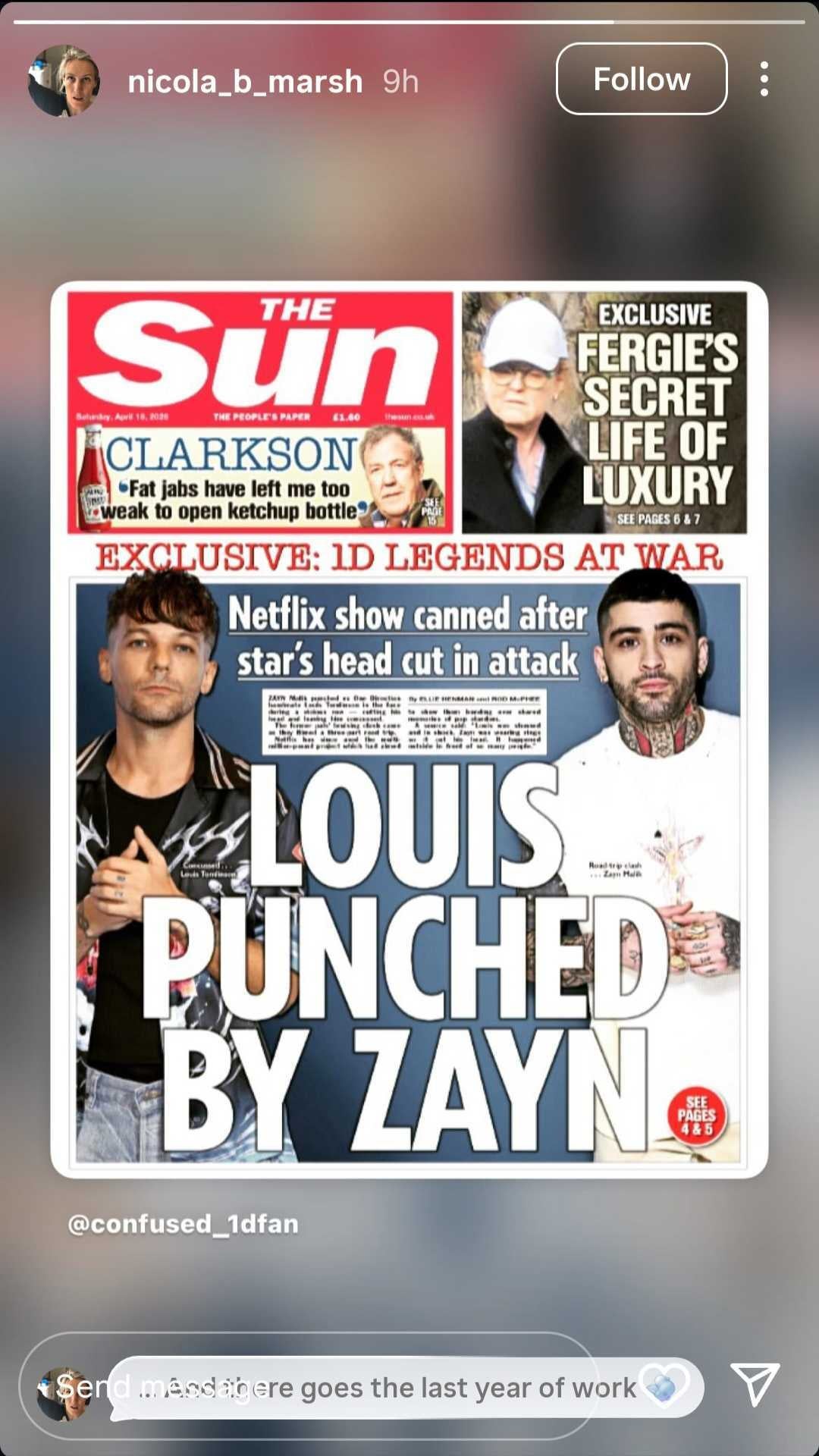 Director Nicola Marsh shared The Sun's front page and remarked, There goes the last year of work'