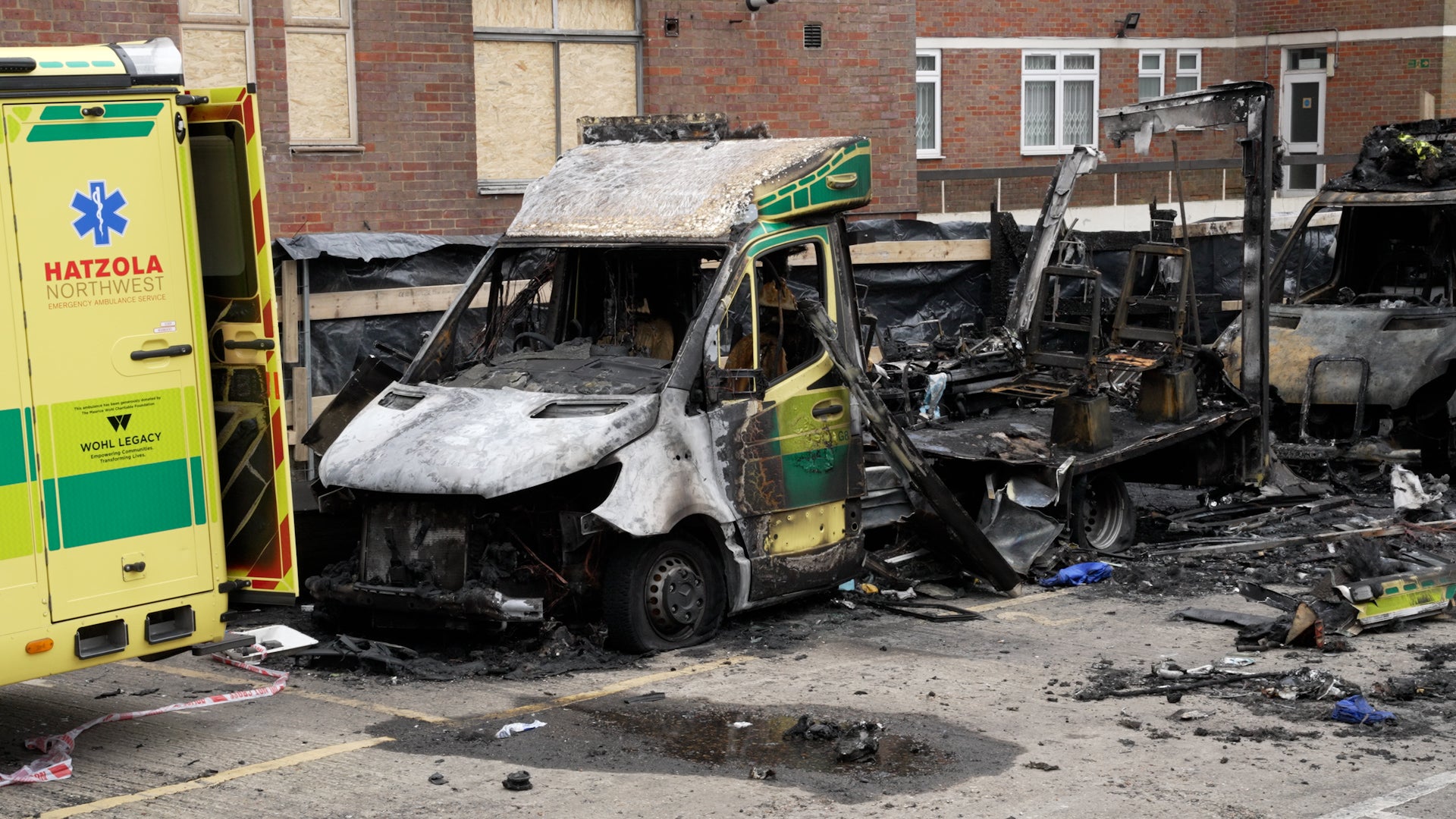 Burnt out remains of an ambulance at the Jewish Community Ambulance Service in Golders Green