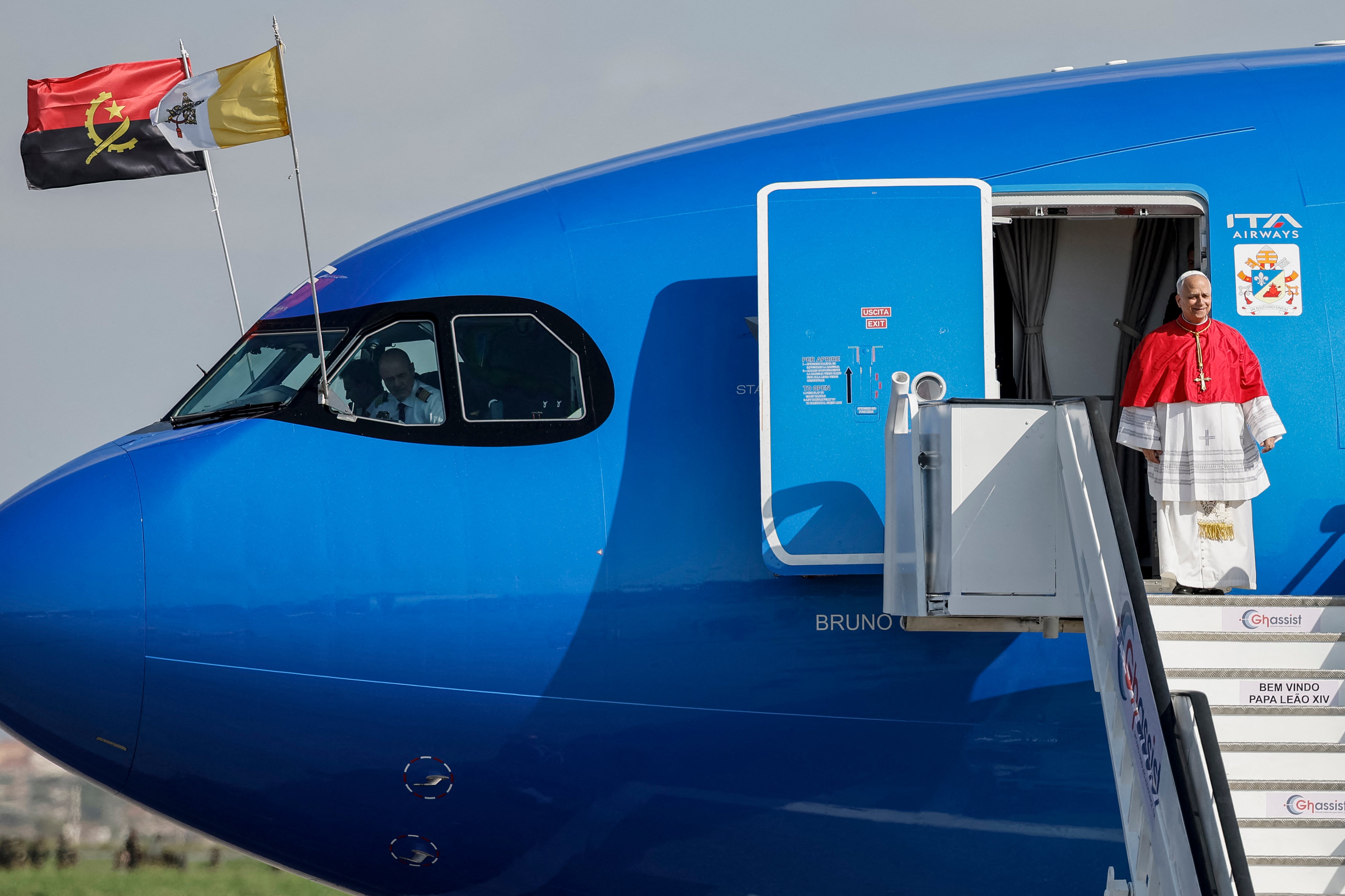 Pope Leo outside the Papal Plane