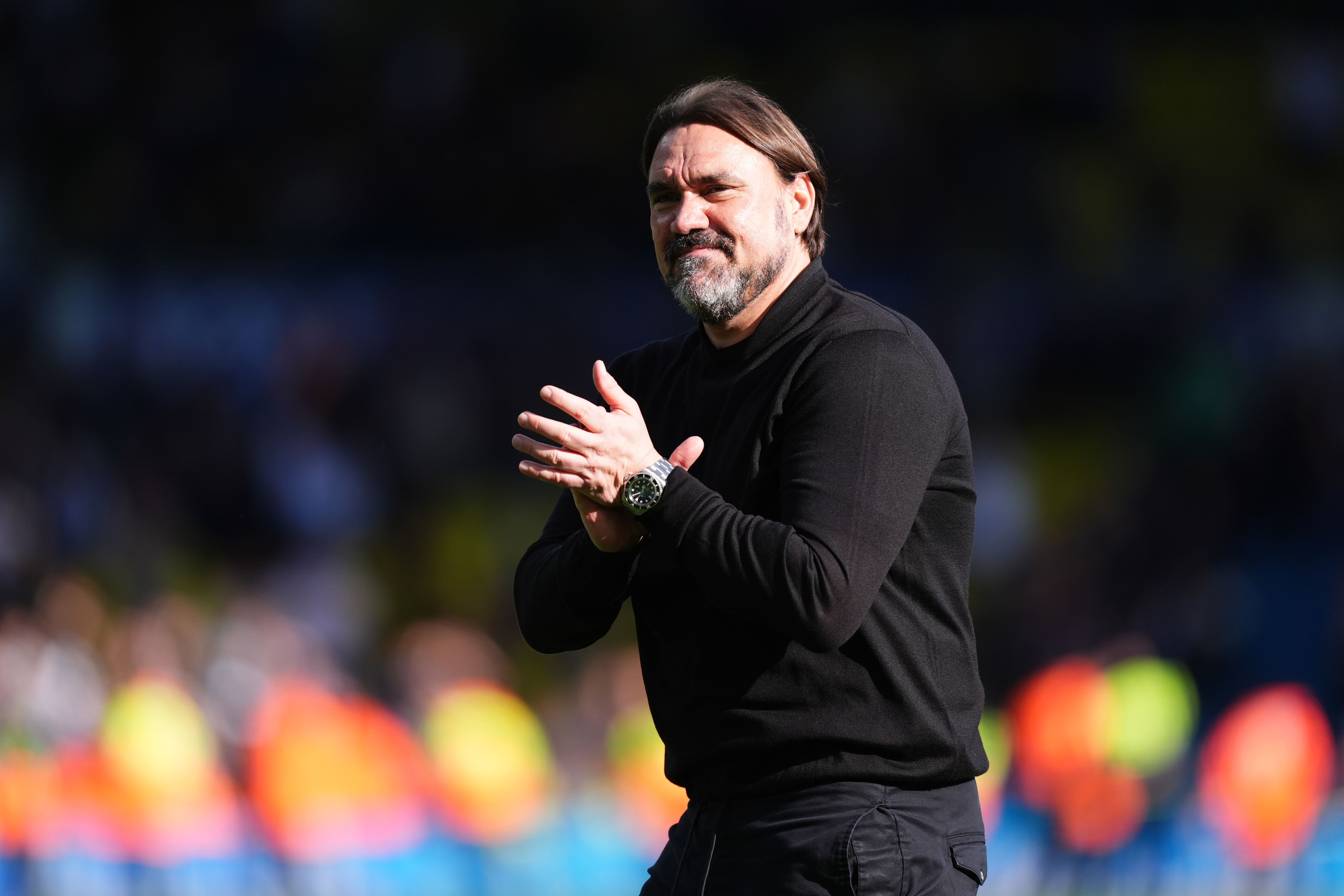 Leeds manager Daniel Farke applauds the fans following a 3-0 win over Wolves (Mike Egerton/PA).