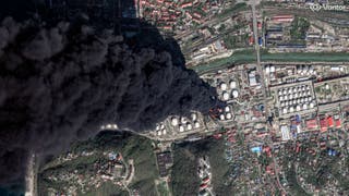 A satellite image shows smoke billowing from fire, following drone attacks on a Russian oil facility in the Black Sea port of Tuapse, Krasnodar Krai, Russia, 16 April 2026