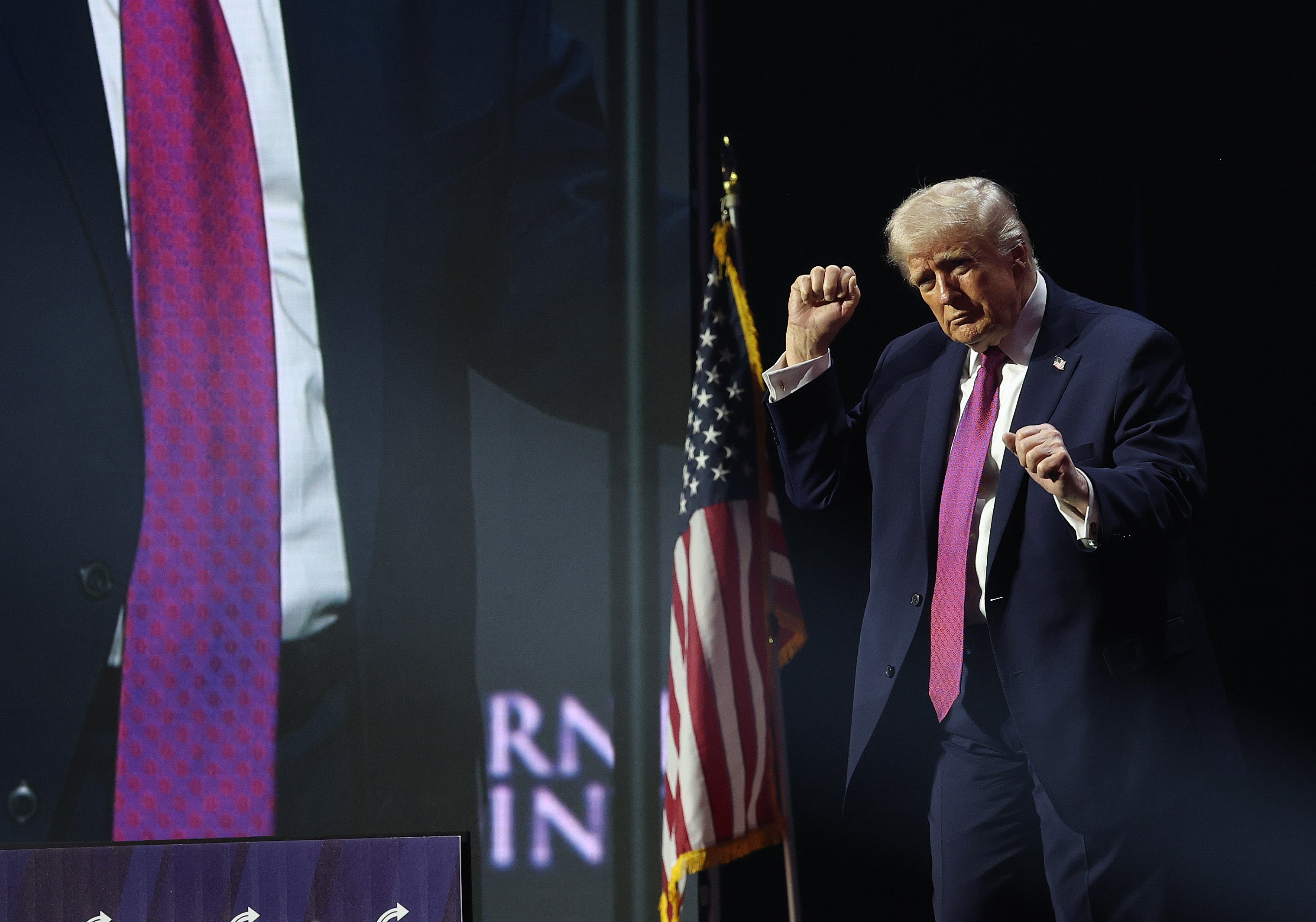 US president Donald Trump dances after speaking at a Turning Point USA event at the Dream City Church on 17 April 2026 in Phoenix, Arizona