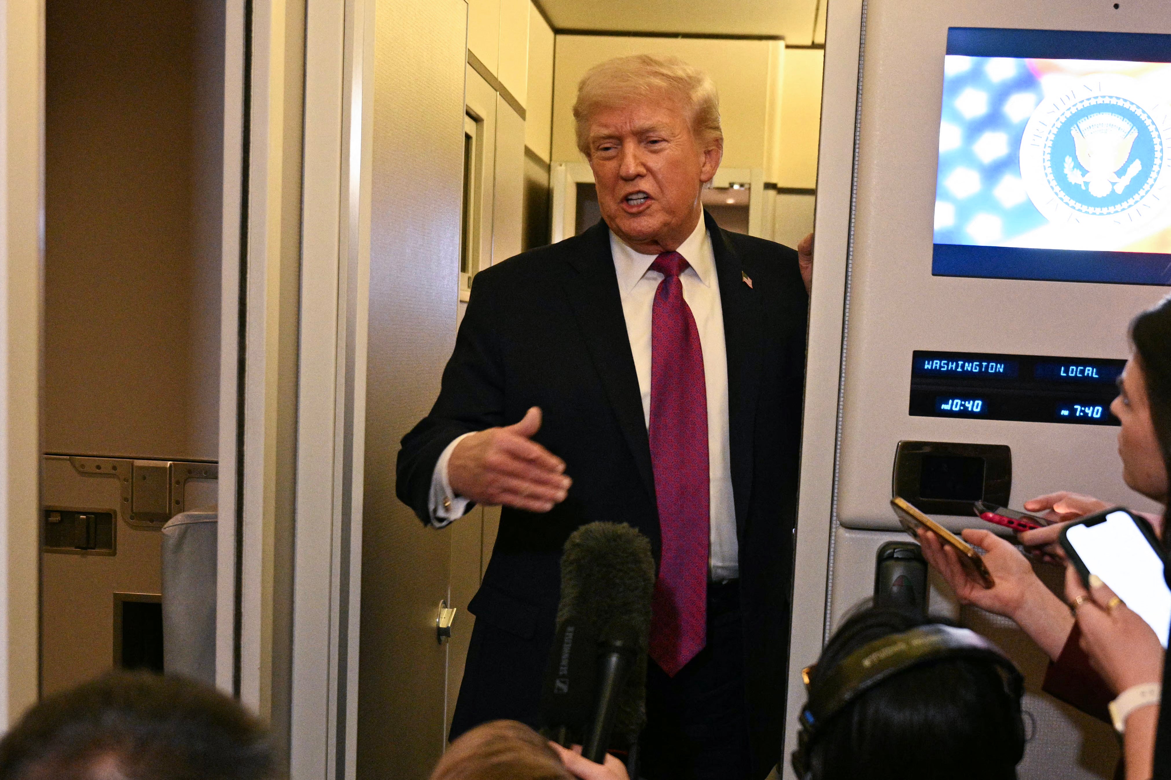 US president Donald Trump speaks to the press aboard Air Force One before arriving at Joint Base Andrews in Maryland on 17 April 2026 after a two-day trip to Nevada and Arizona