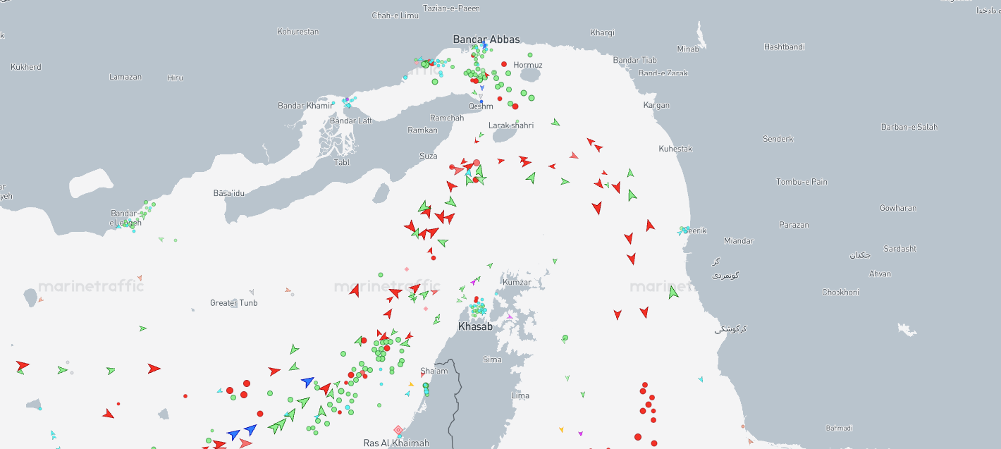 Screenshot from MarineTraffic shows vessels in Strait of Hormuz on Saturday morning