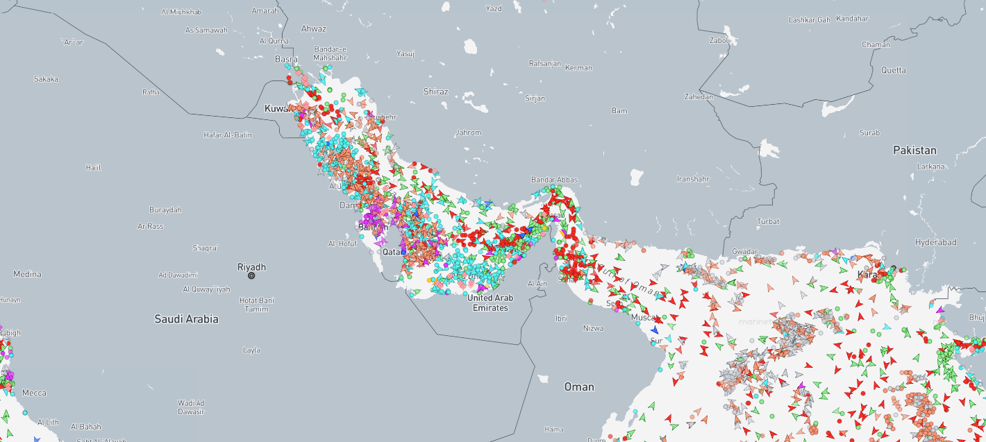Screenshot of MarineTraffic.com shows vessels around the Persian Gulf on Saturday morning