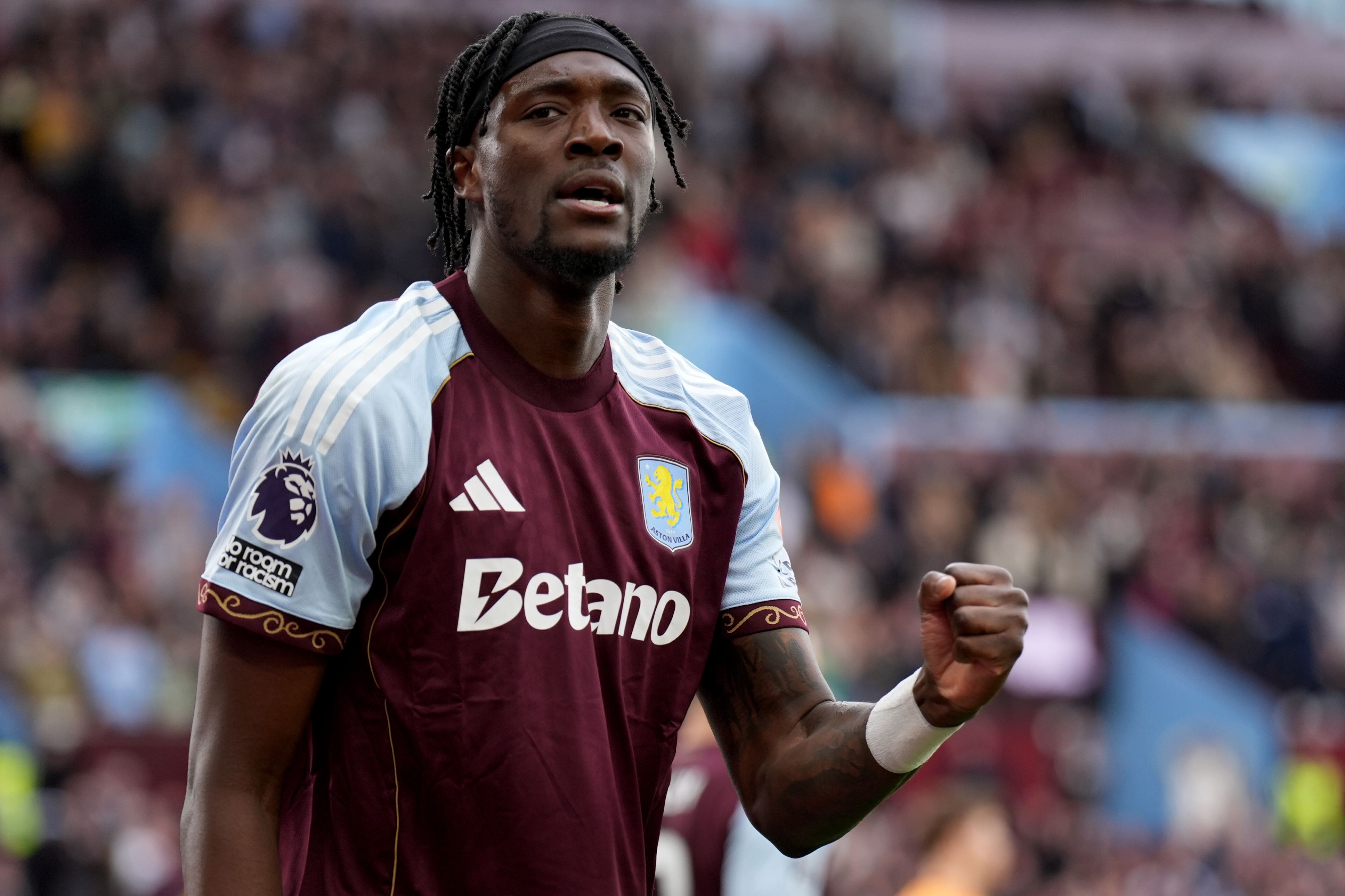 Aston Villa’s Tammy Abraham celebrates scoring the winner at Villa Park (Joe Giddens/PA)