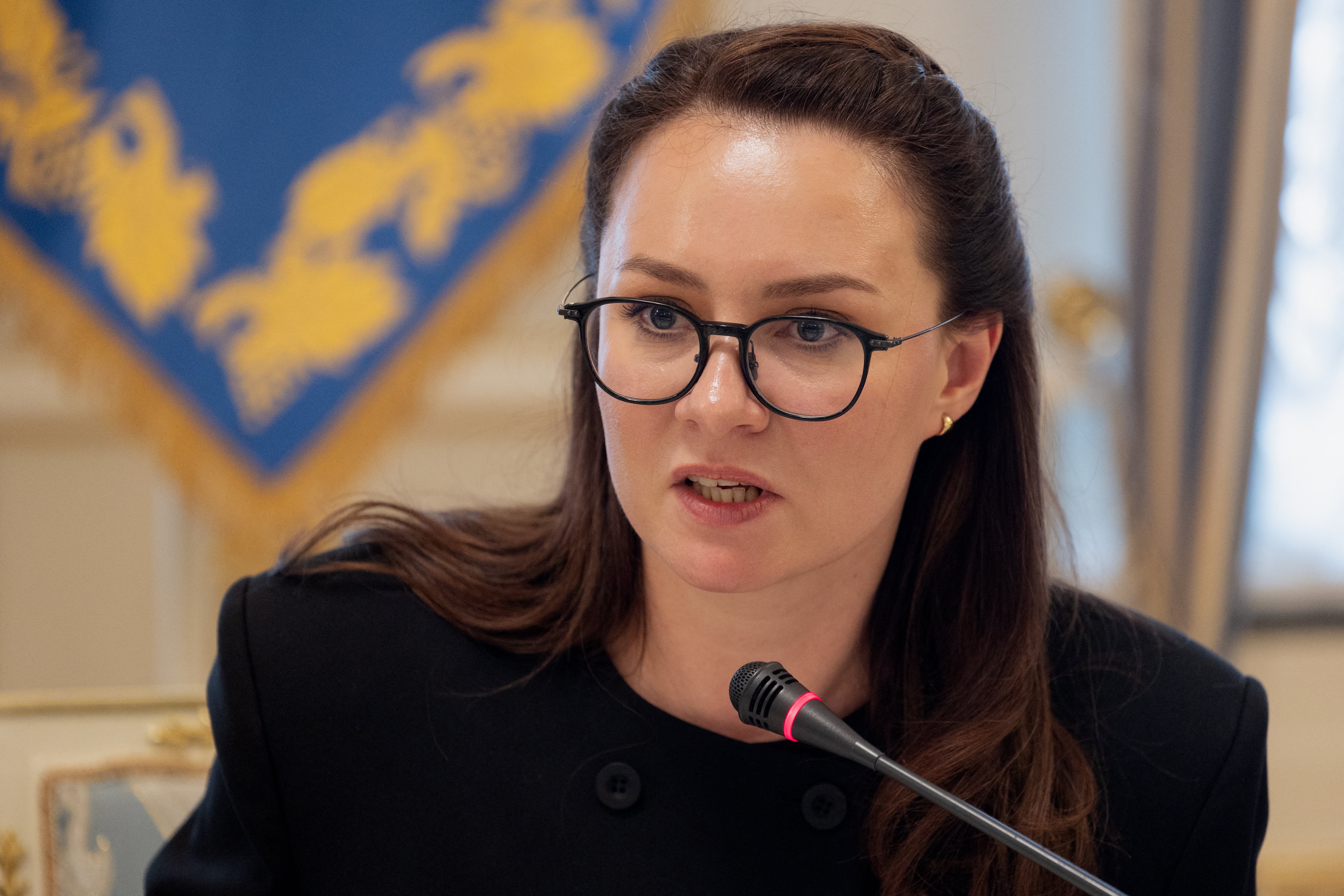 Ukraine's prime minister Yulia Svyrydenko takes part in a briefing following a working meeting with her cabinet in Kyiv