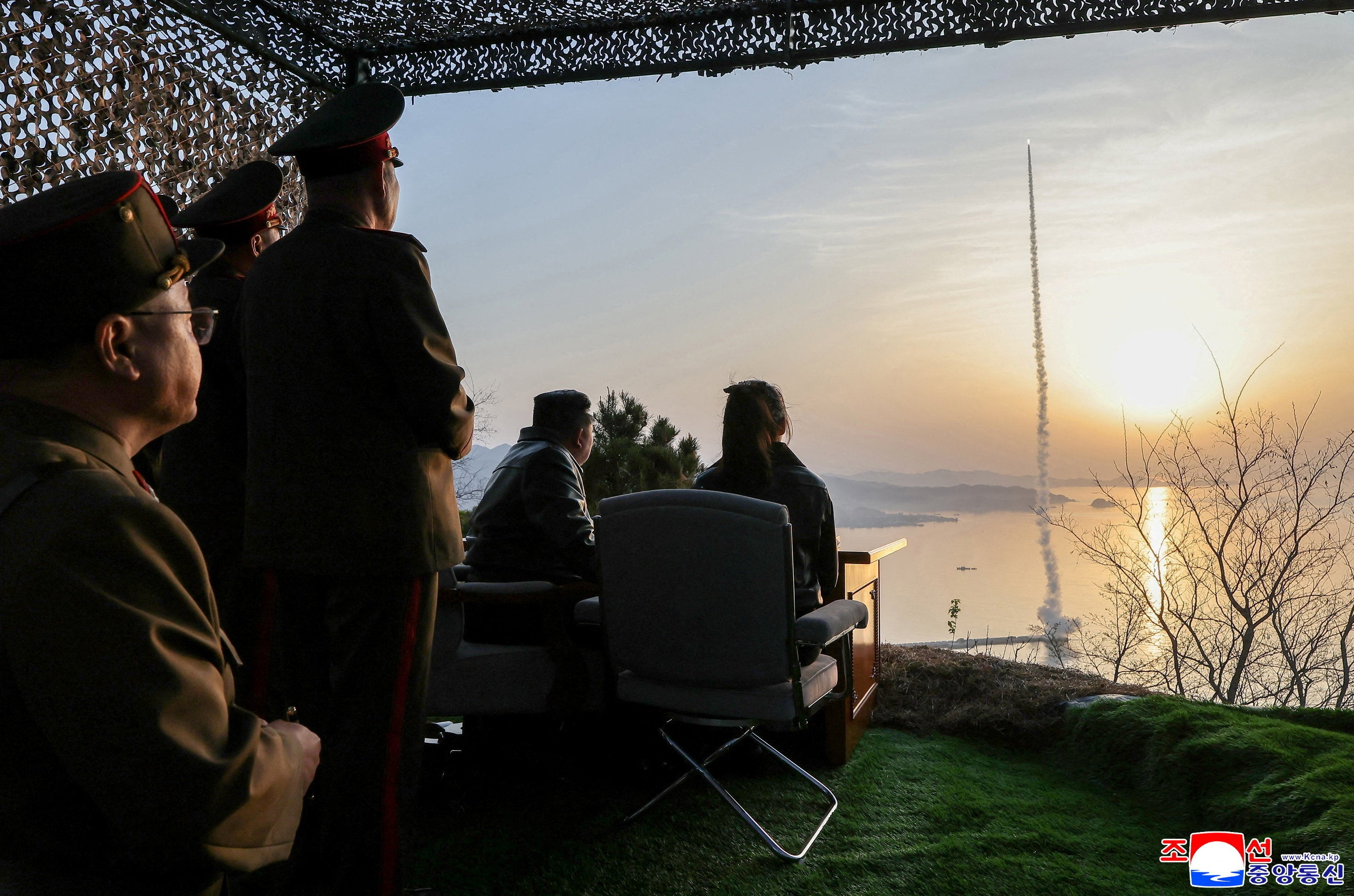 North Korean leader Kim Jong Un, accompanied by his daughter Kim Ju Ae, oversees test launches of the upgraded Hwasong-11LA ground-to-ground tactical short-range ballistic missile at an undisclosed location in North Korea, April 19, 2026,