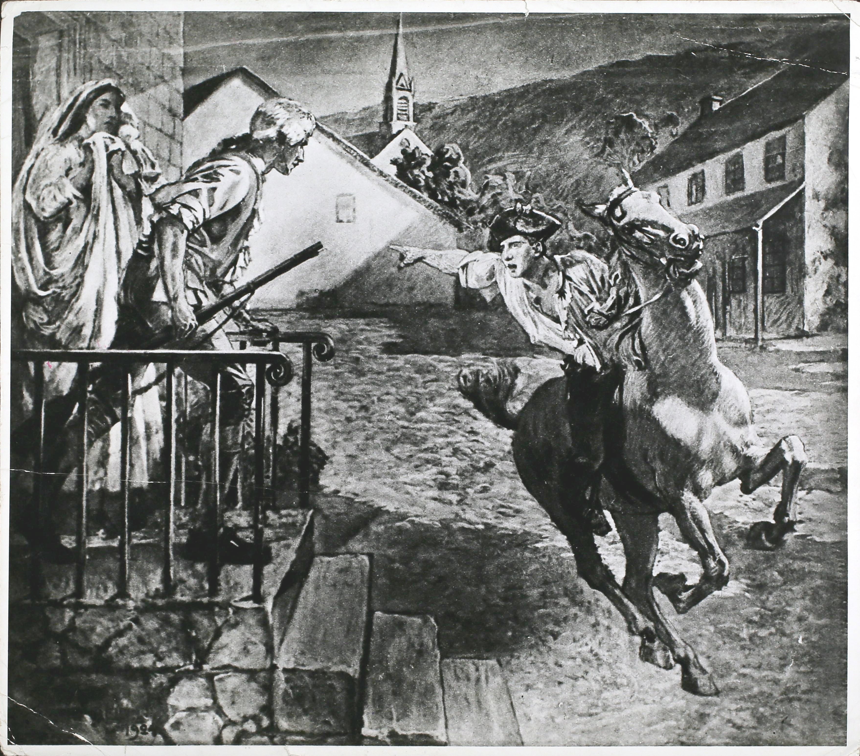 Paul Revere's Ride to alert the colonial militia to the arrival of the British forces during the American Revolutionary War, April 1775. From the painting by Robert Reid in Massachusetts State House, Boston