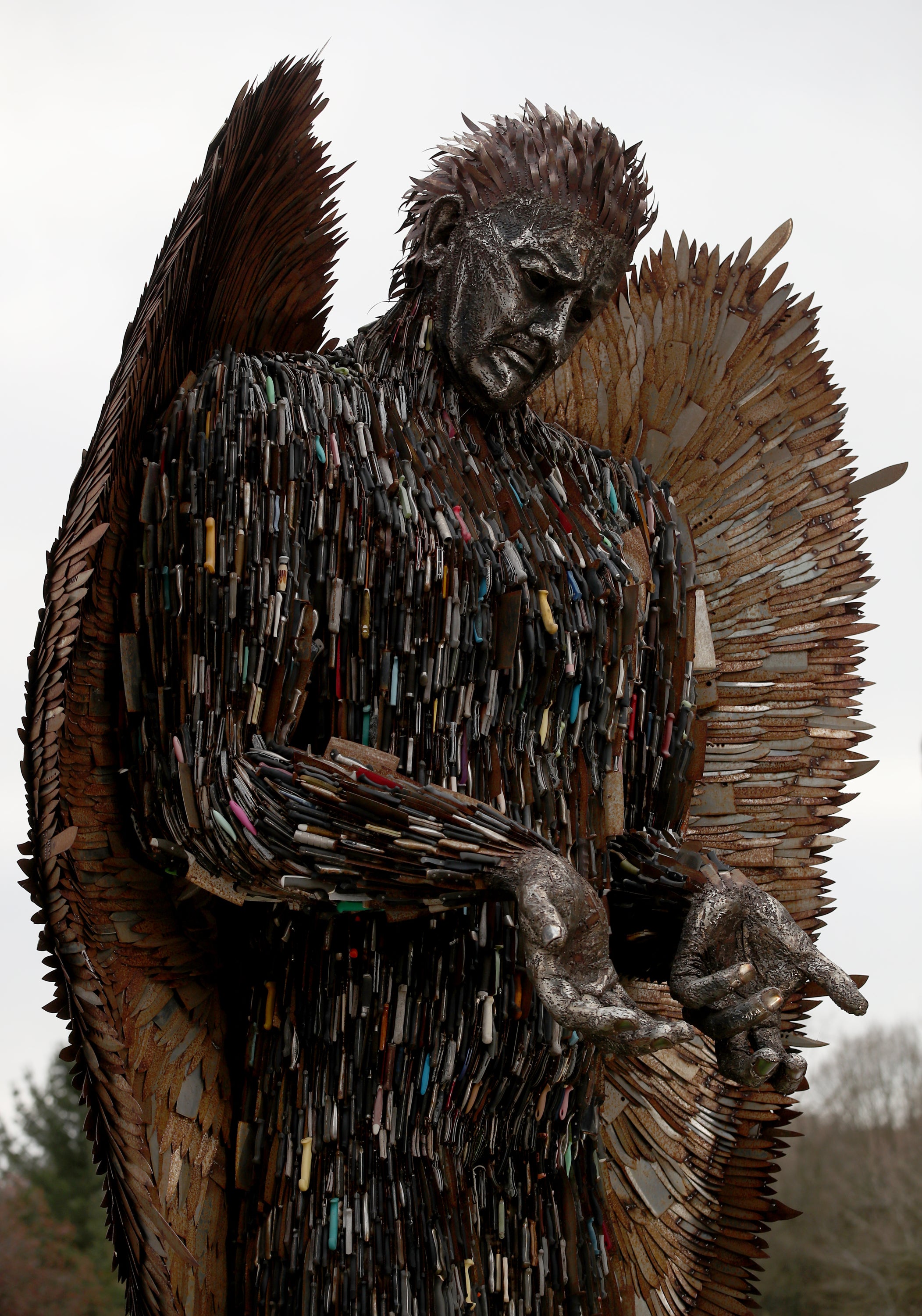 The Knife Angel statue was created with 100,000 knives collected by 41 police officers across the country through knife amnesty and confiscation.