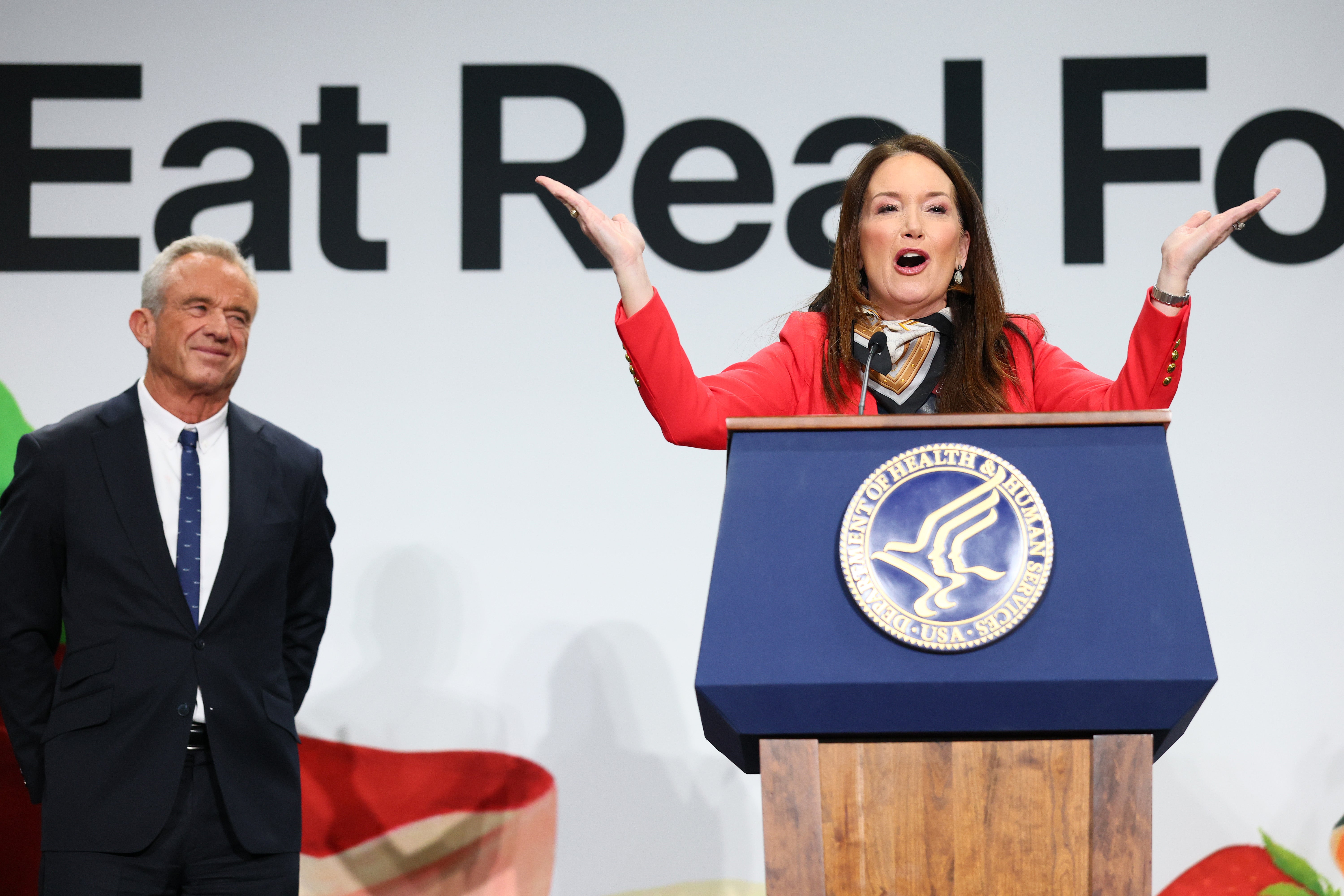 Kennedy (left) and Agriculture Secretary Brooke Rollins (right) introduced a new measure, called 'Eat Real Food,' that prioritizes meat and saturated fats