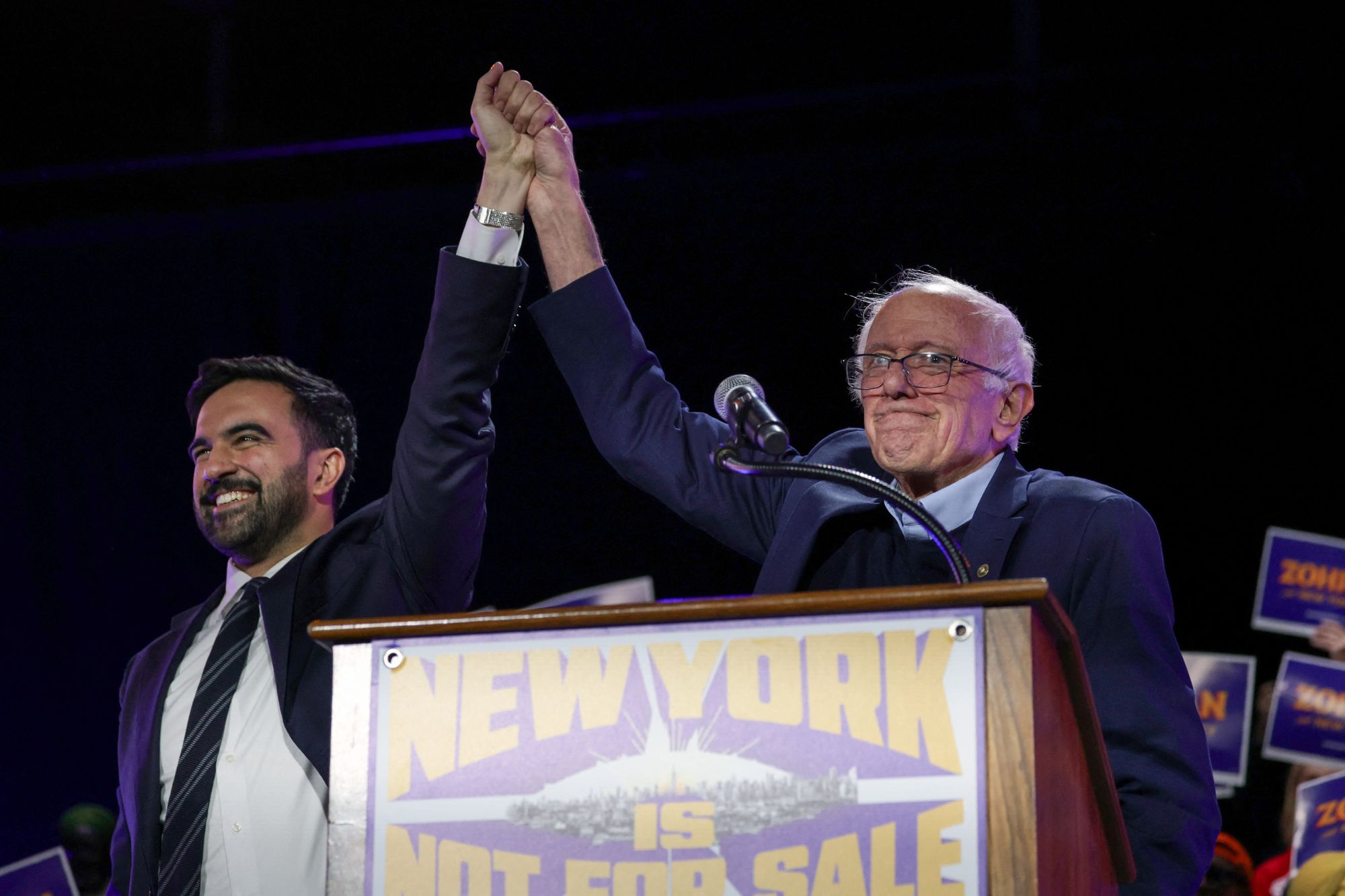 Mamdani, pictured with Vermont Senator Bernie Sanders, has been criticized for his socialist views