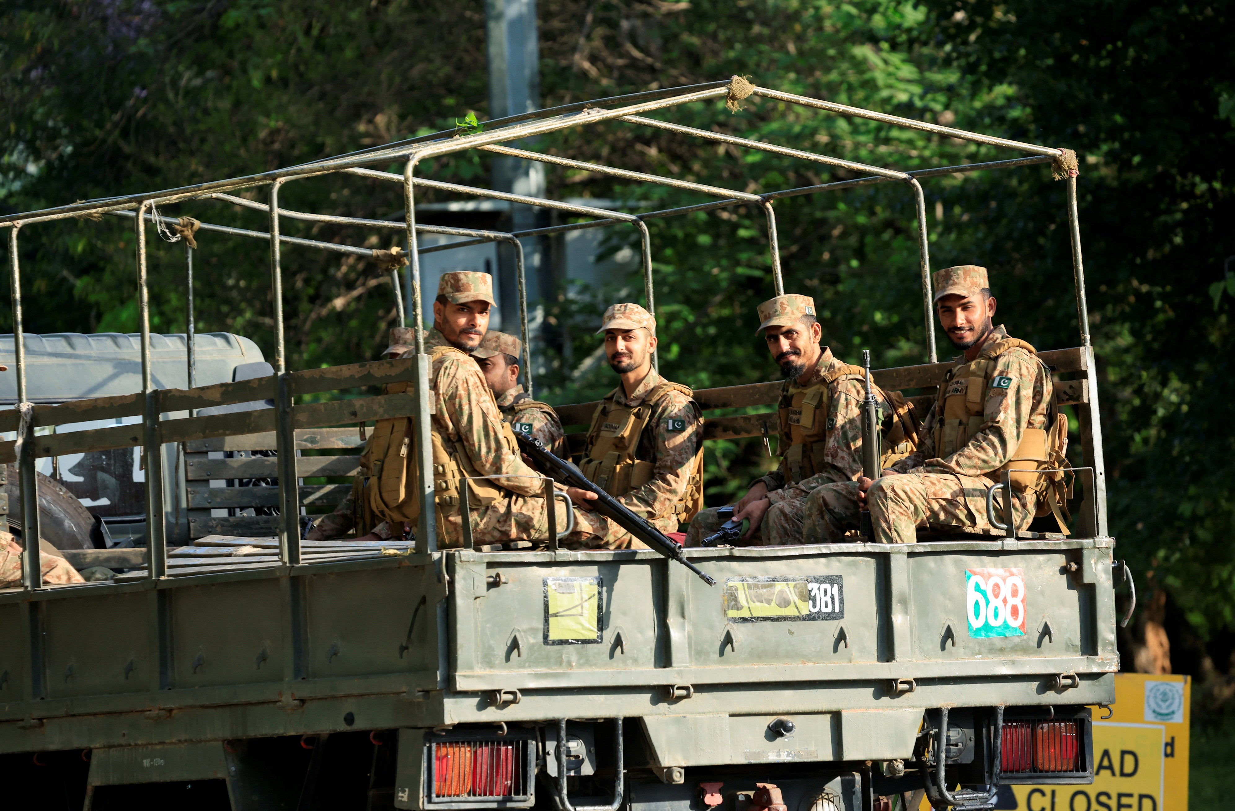 Pakistani army soldiers patrol at D Chowk near the President's House, as Pakistan prepares to host the U.S. and Iran for the second phase of peace talks in Islamabad, Pakistan