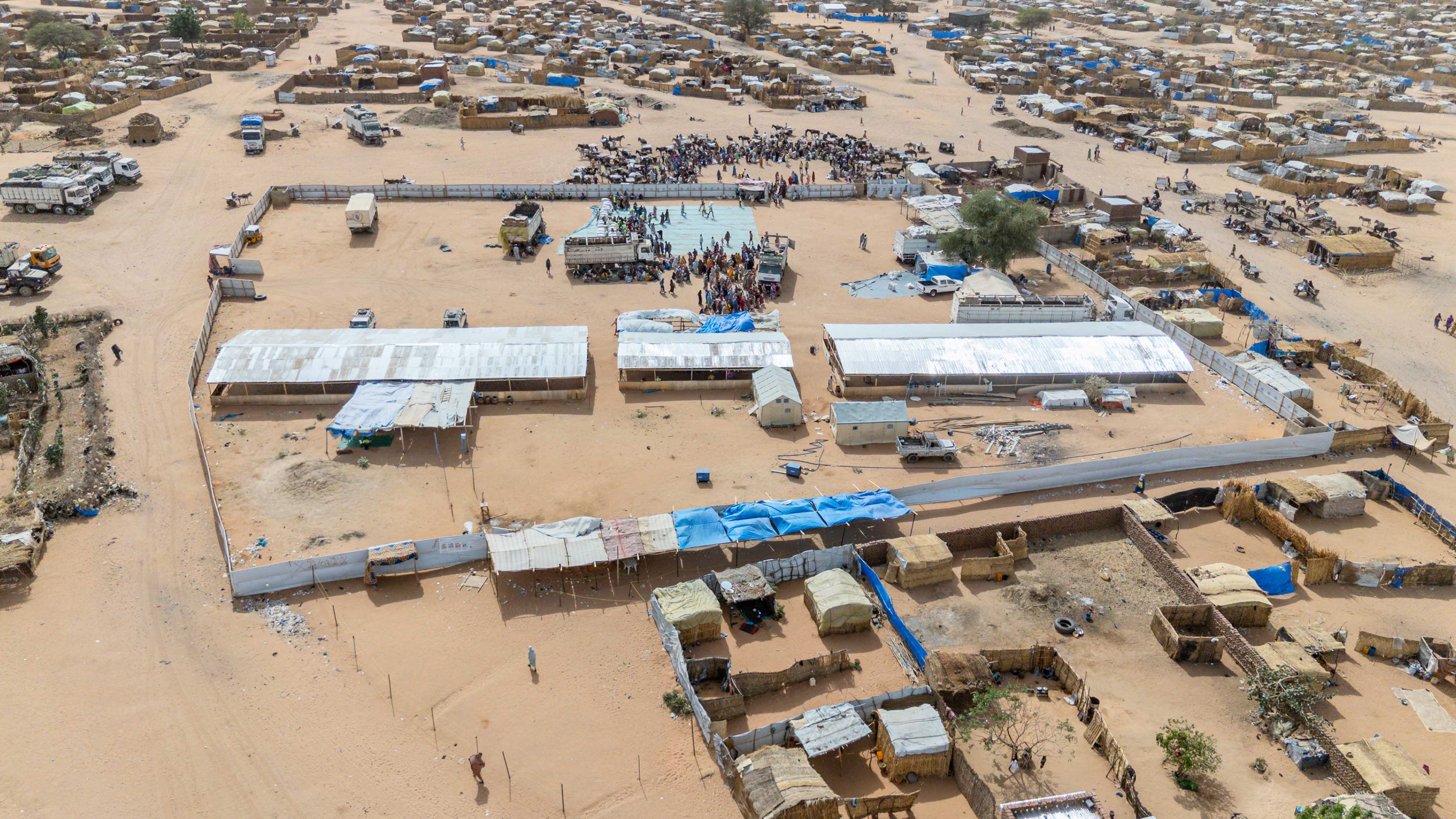 A drone view of the food and nutrition distribution site for refugees in Ouaddai, Chad